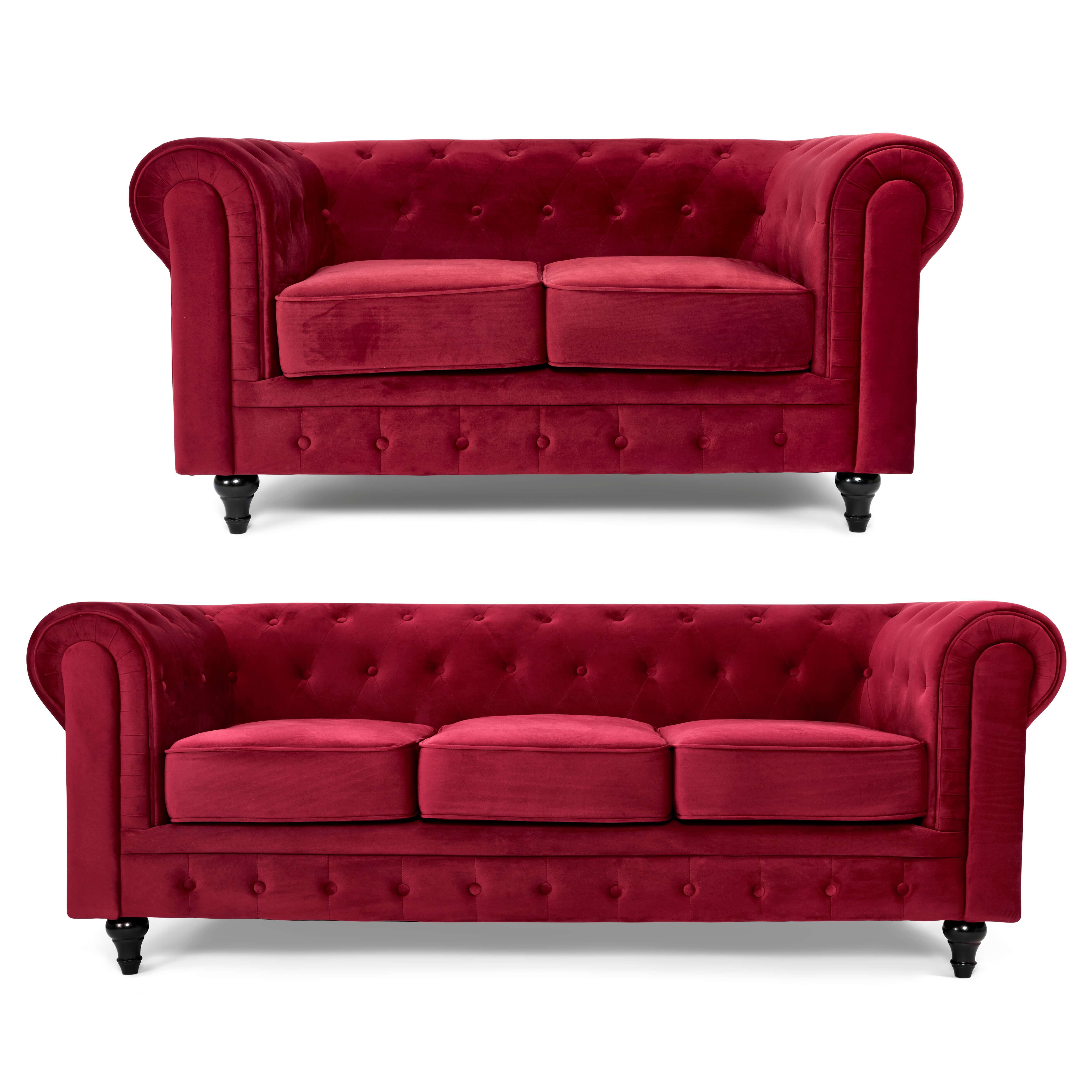 Velvet Chesterfield Sofa Suite - Wine Red-Bargainia.com