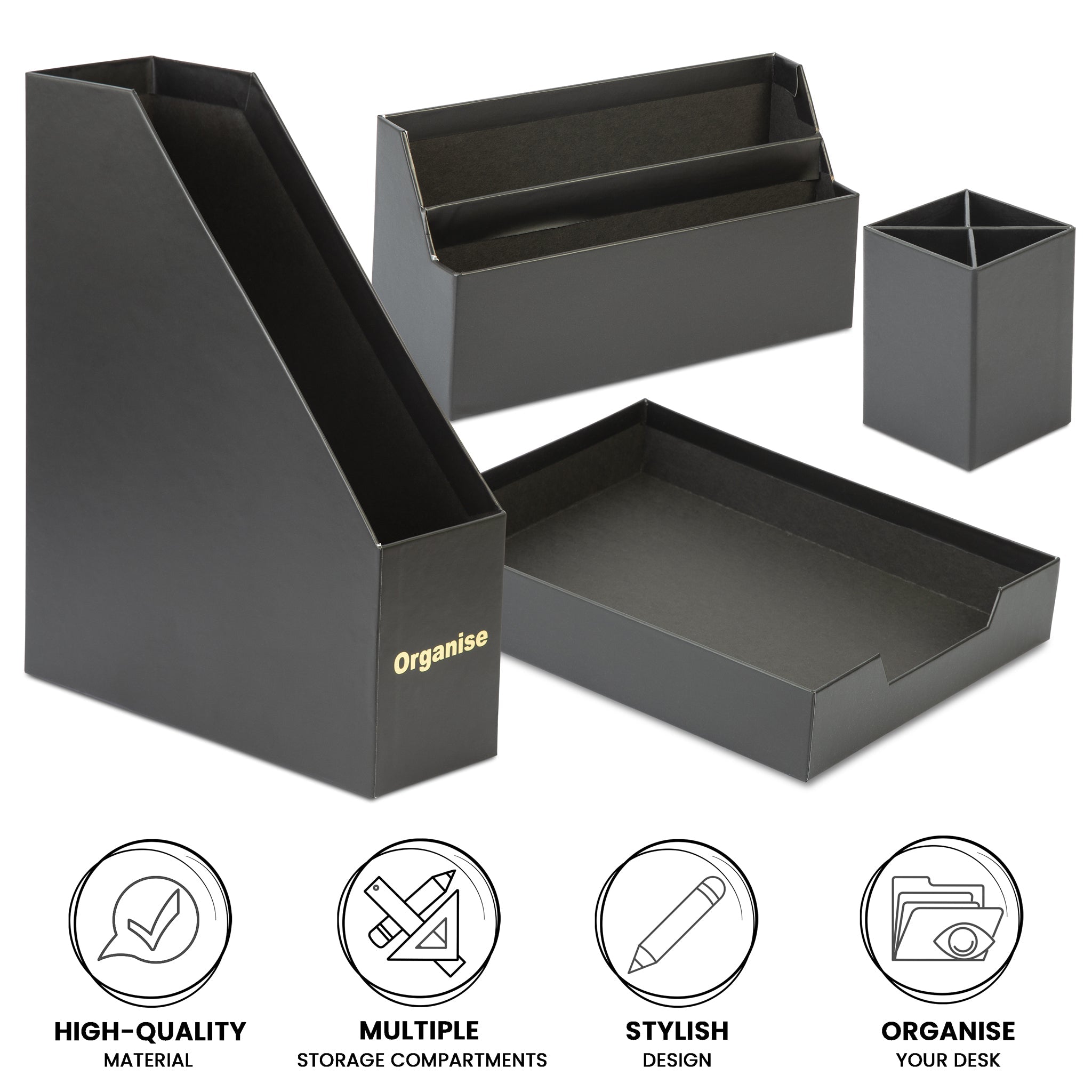 Desk Organiser Set - Black - 4 Pcs-8718964077465-Bargainia.com