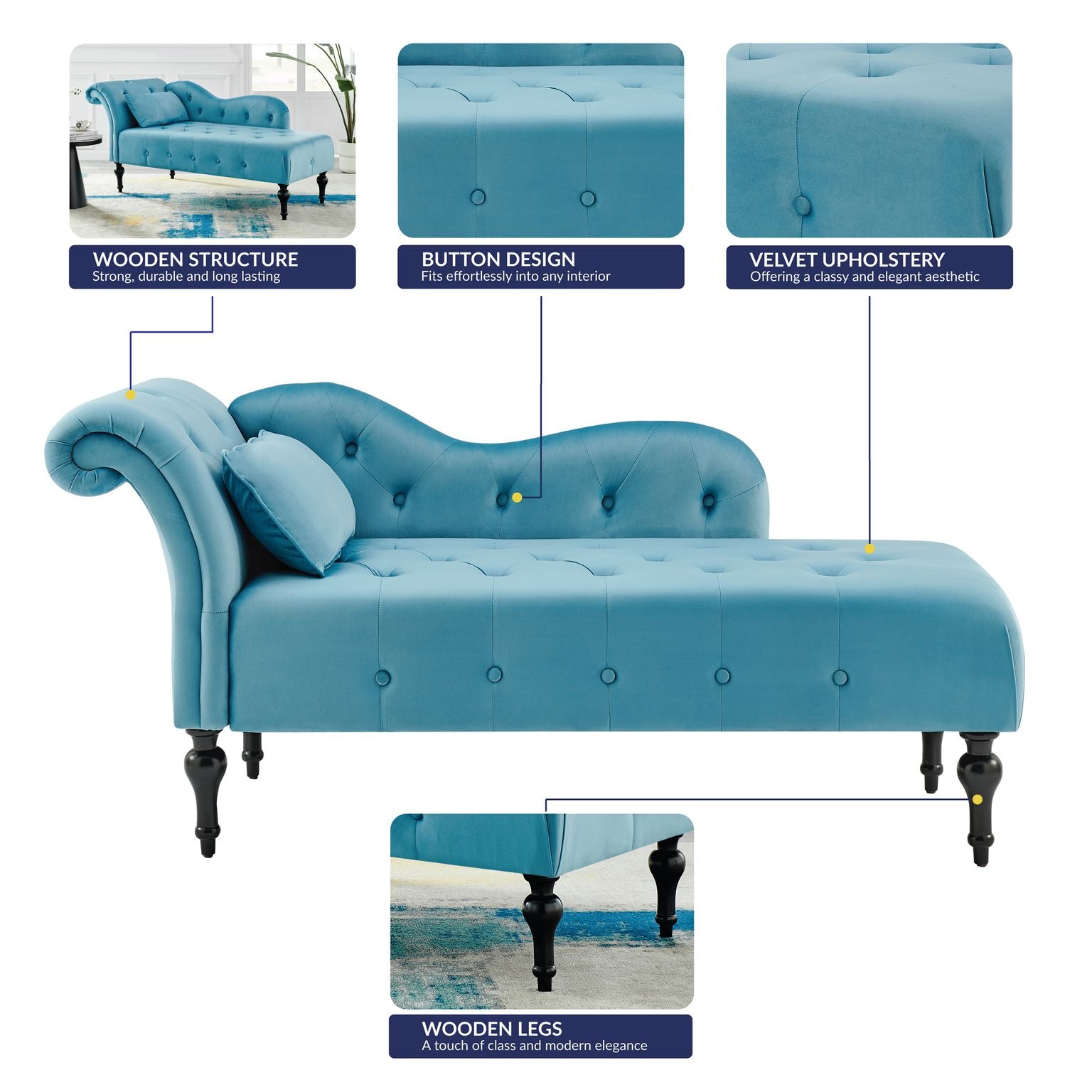 Chaise Velvet Lounge Sofa with Wooden Legs - Blue-5056536103130-Bargainia.com