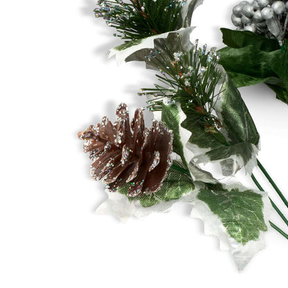 Christmas Floral Artificial Forest Leaves Sprigs - Glitter Silver