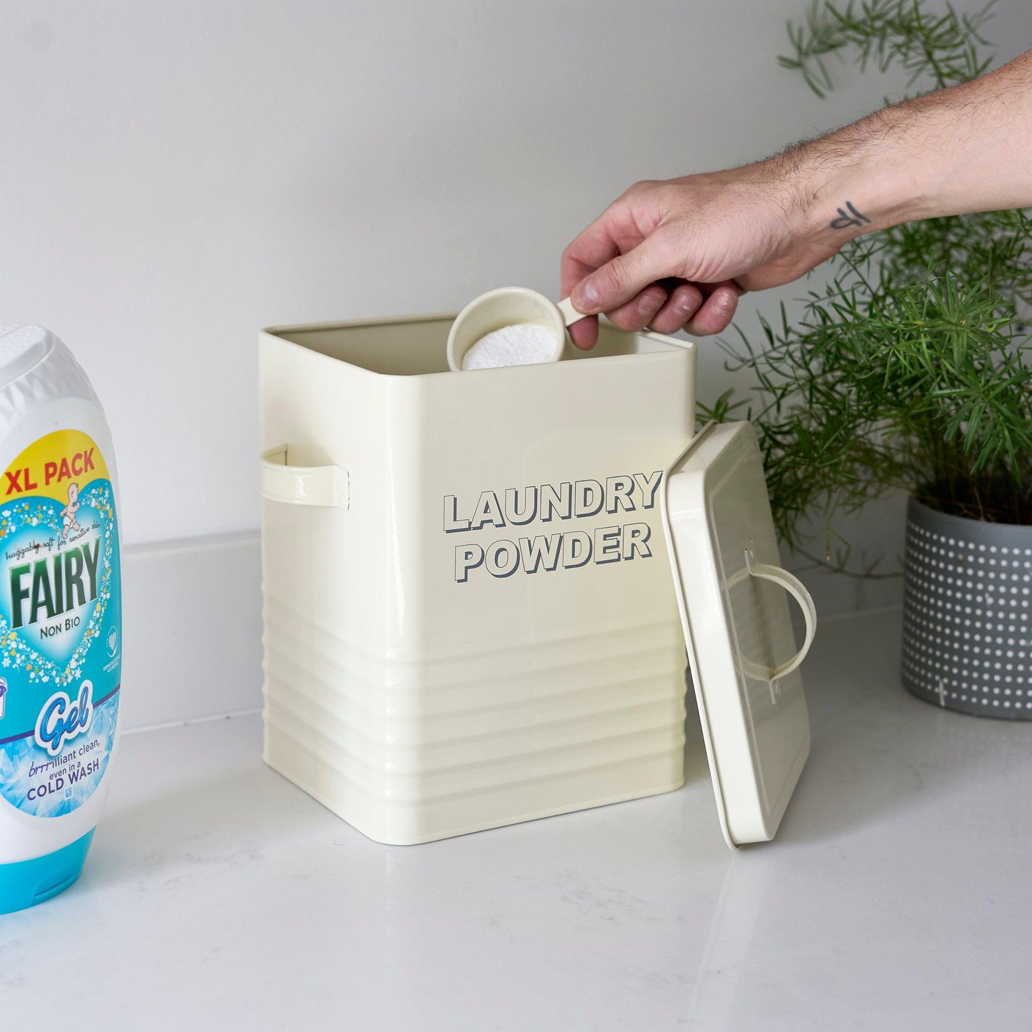 Vintage Washing Powder Tin Storage Container with Scoop Cream-5010792222158-Bargainia.com