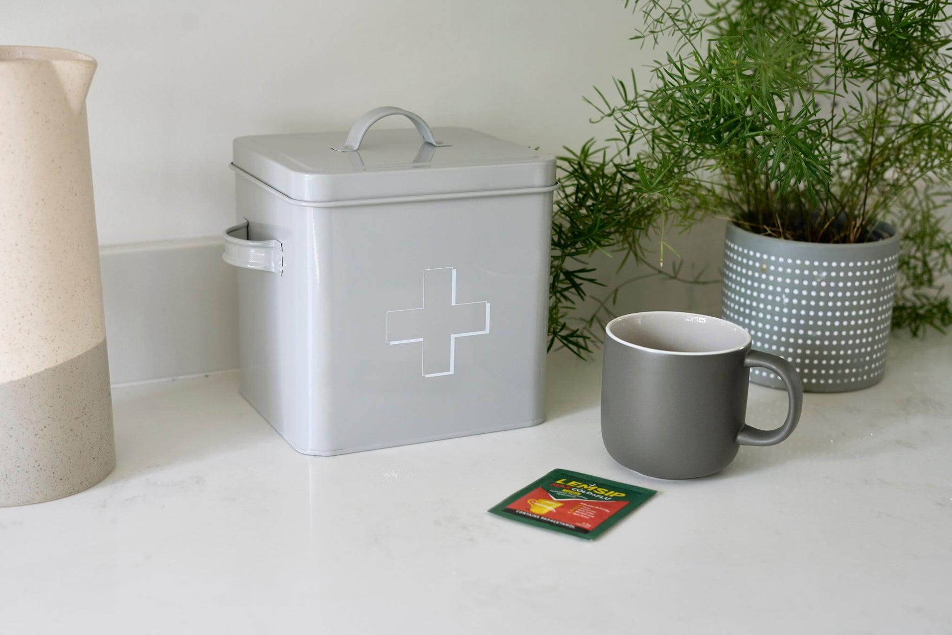 Retro First Aid Box Storage Container Enamelled Tin Grey or Cream-Bargainia.com