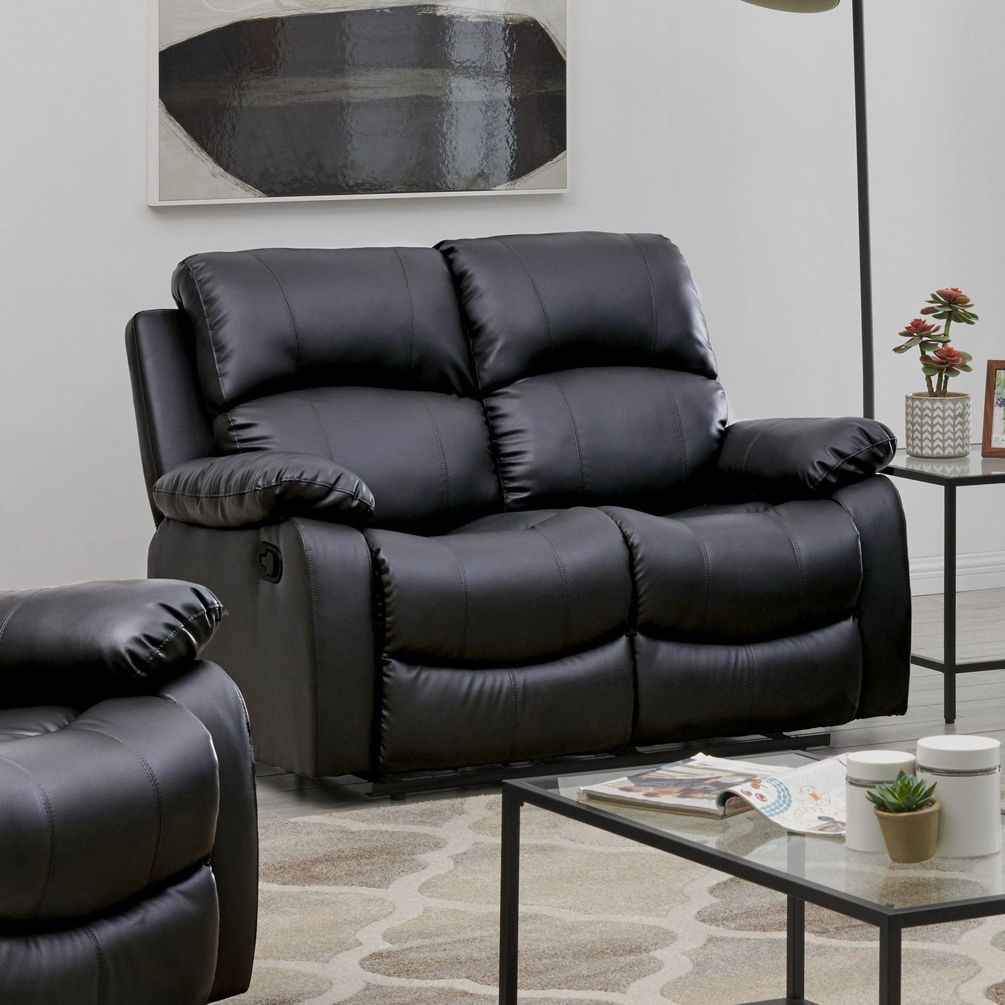 Black Bonded Leather Recliner Sofa Suite-5056150262602-Bargainia.com