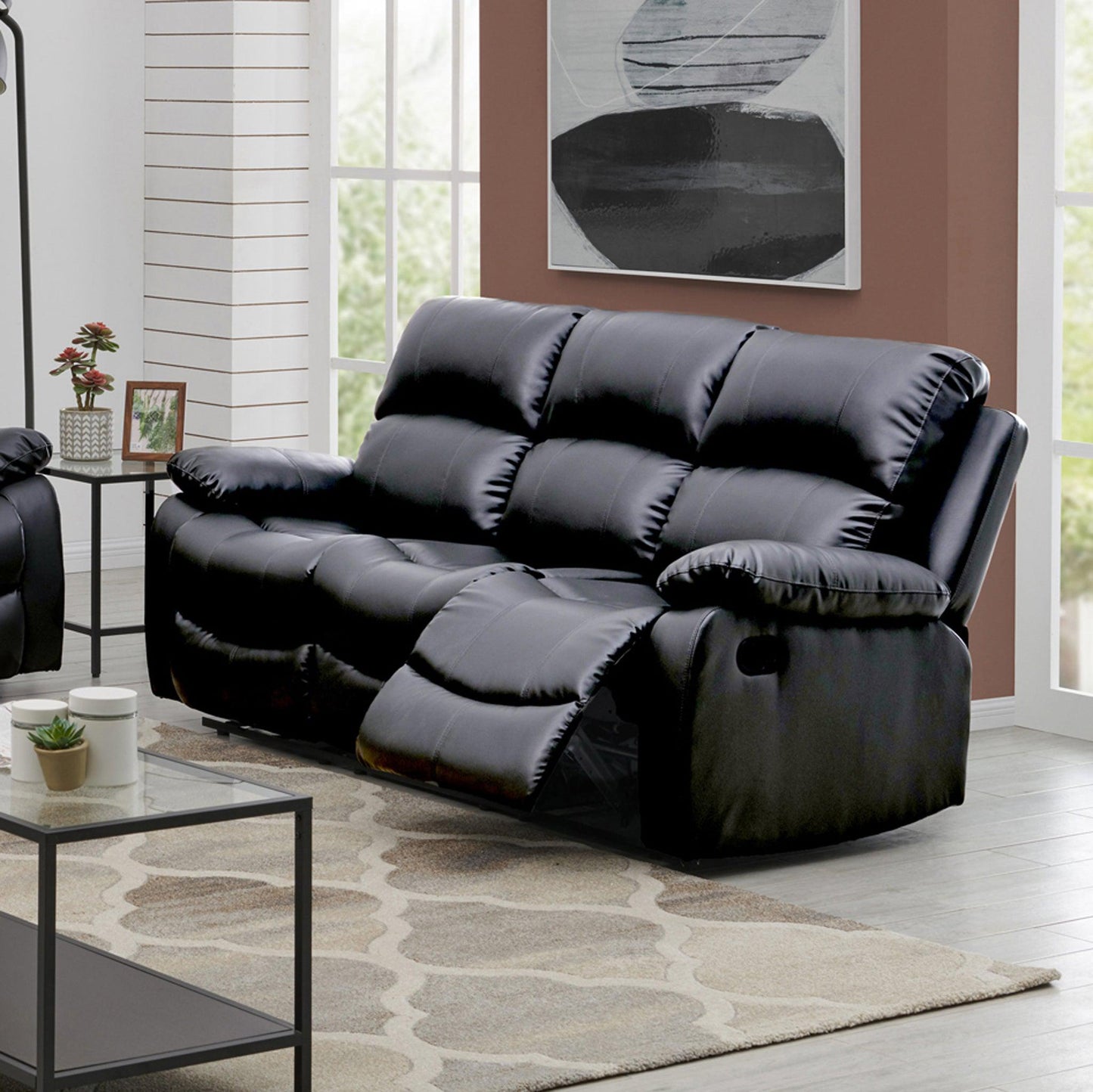 Black Bonded Leather Recliner Sofa Suite-5056150262602-Bargainia.com