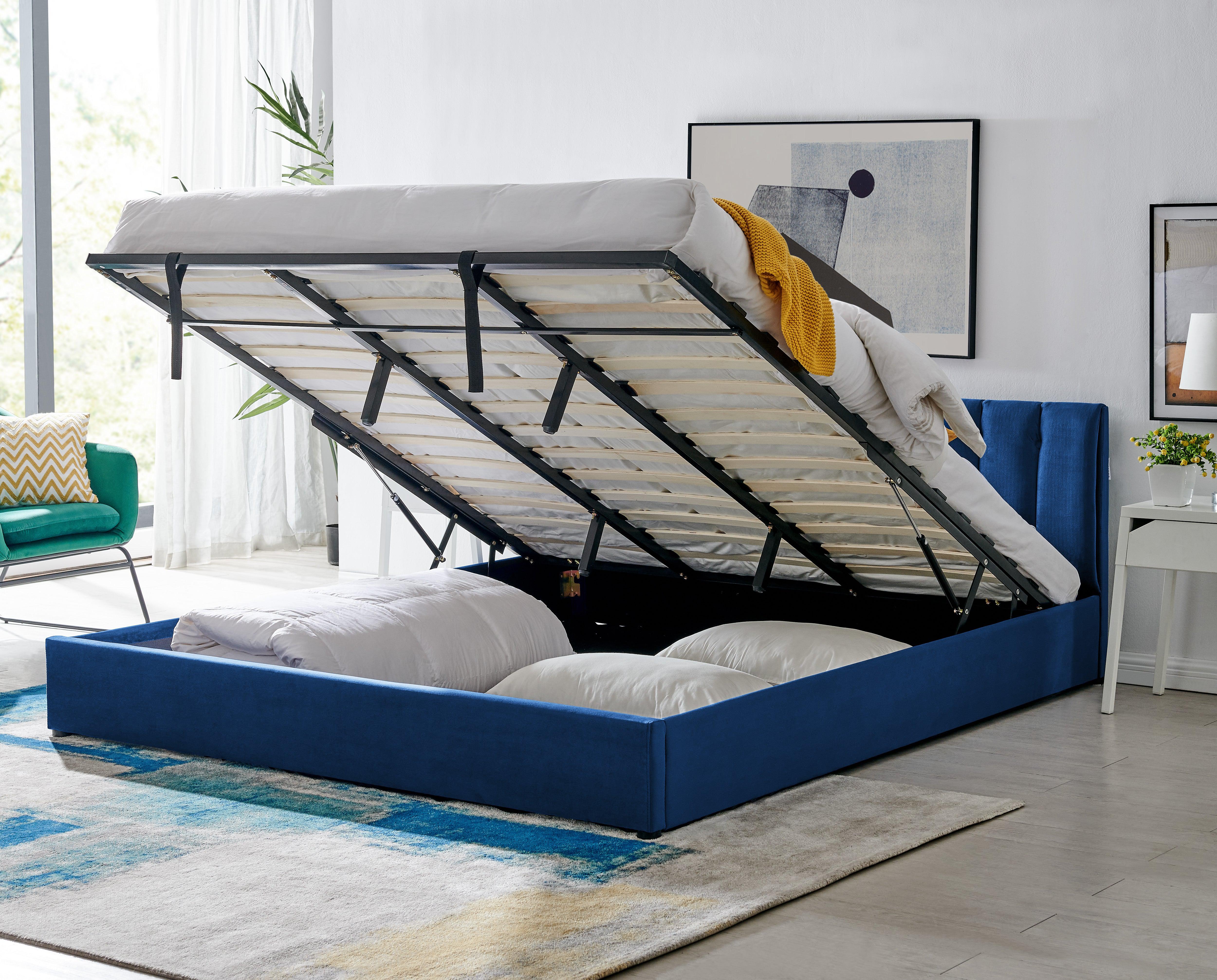 Blue Velvet Plush Ottoman Storage Bed Frame - Double or Super King-Bargainia.com