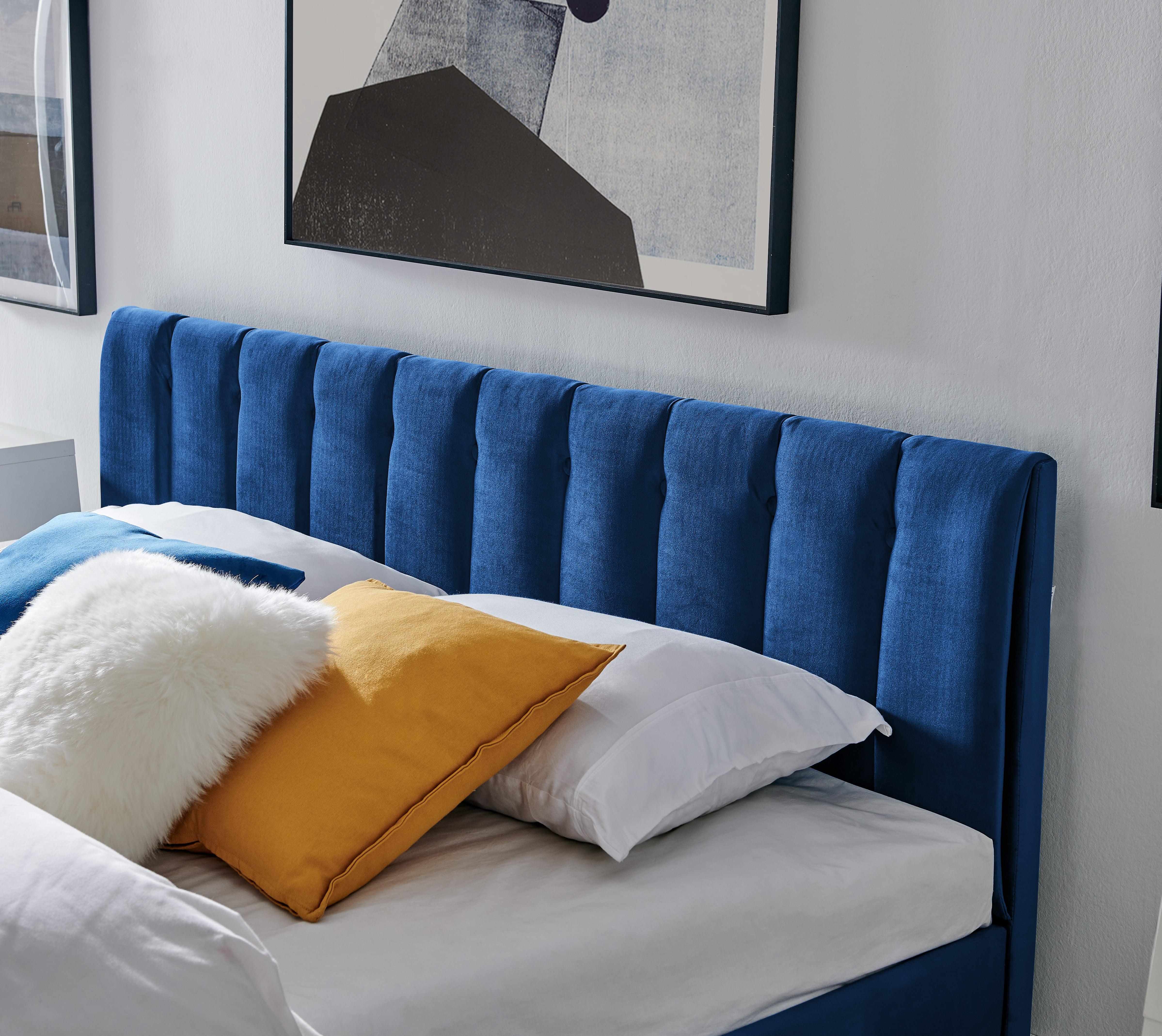 Blue Velvet Plush Ottoman Storage Bed Frame - Double or Super King-Bargainia.com