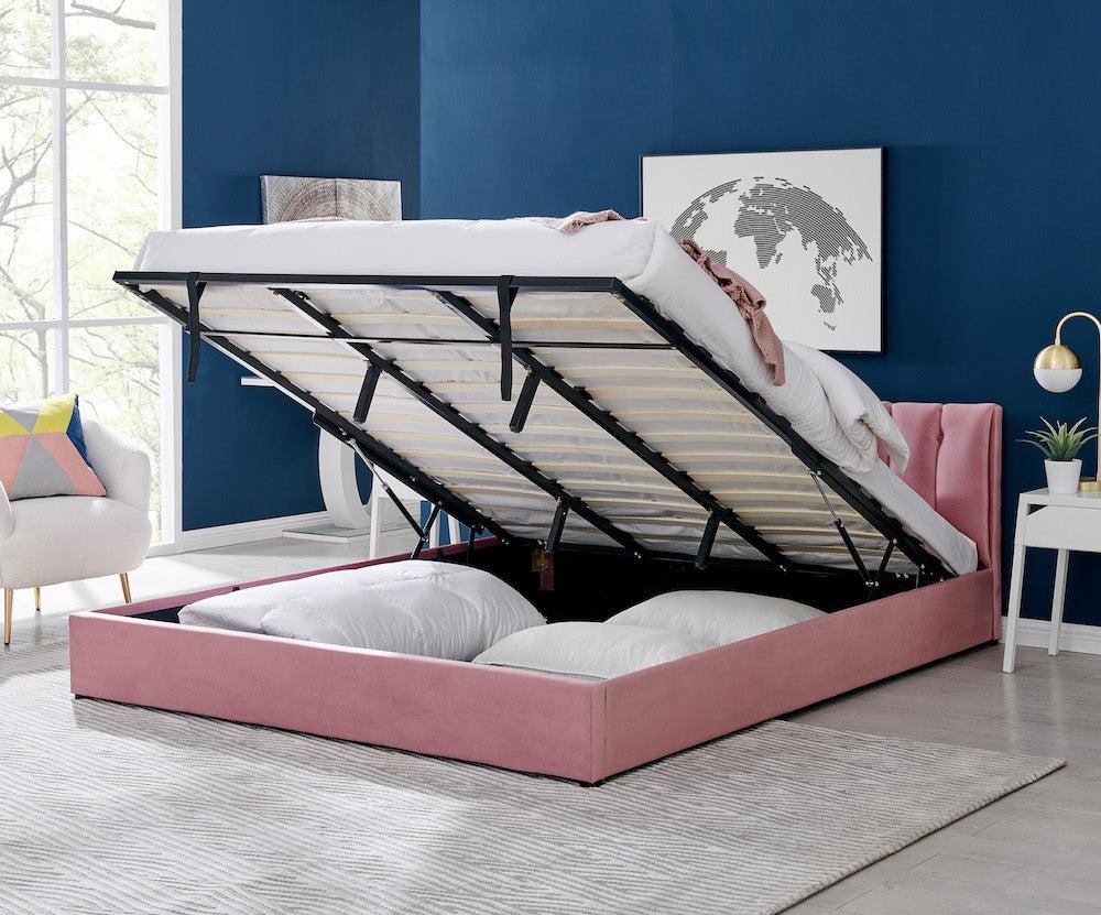 Pink Velvet Plush Ottoman Storage Bed Frame - Double or Super King-Bargainia.com