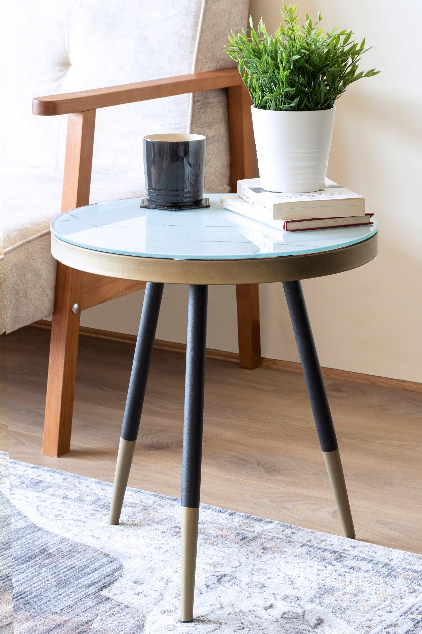 Marble Effect Side Table With Wooden Legs - 45 x 50cm-5056536100733-Bargainia.com