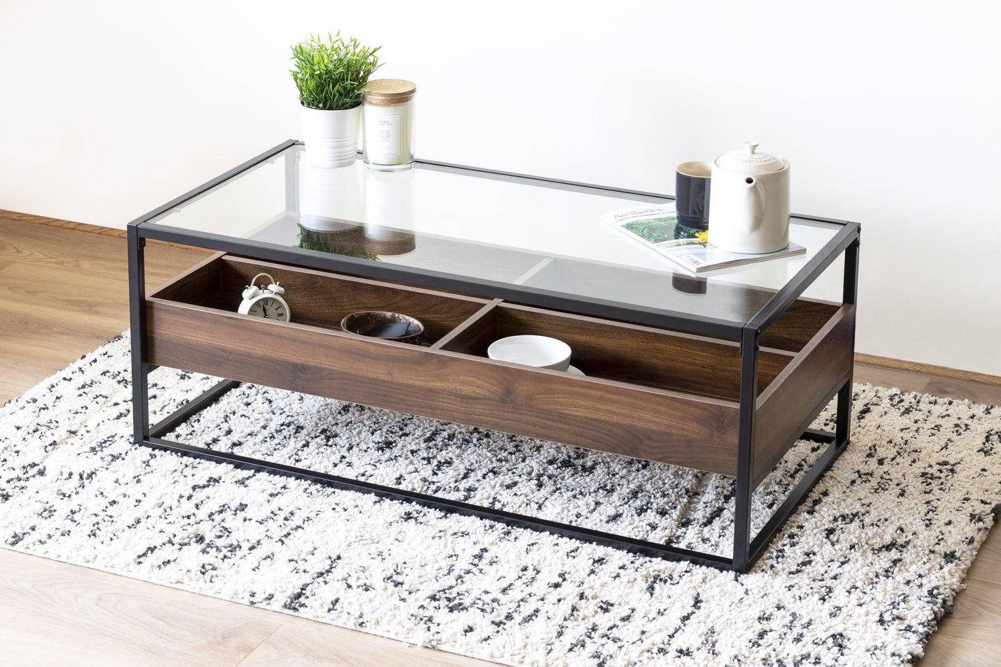 Glass Coffee Table with Wooden Shelf | Bavich.com-Bargainia.com