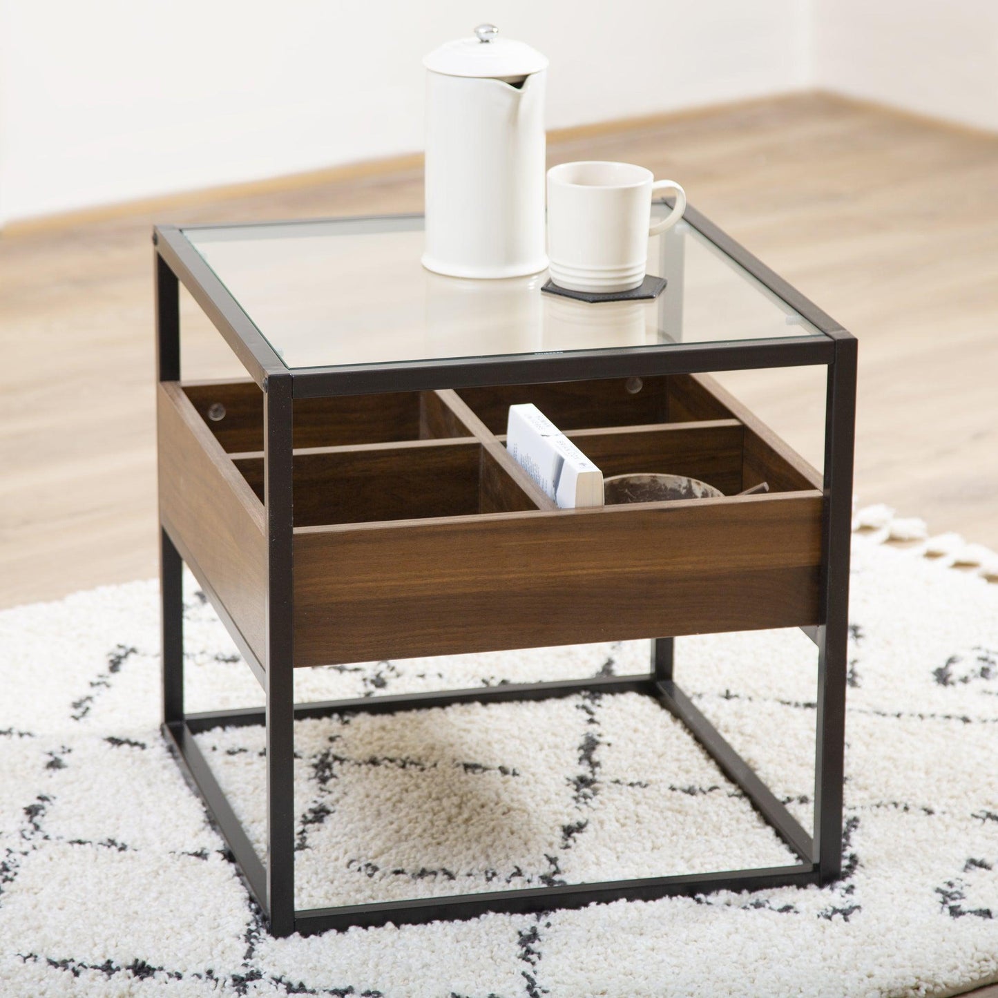 Glass Topped End Table with Wooden Storage Shelf-5056536100603-Bargainia.com