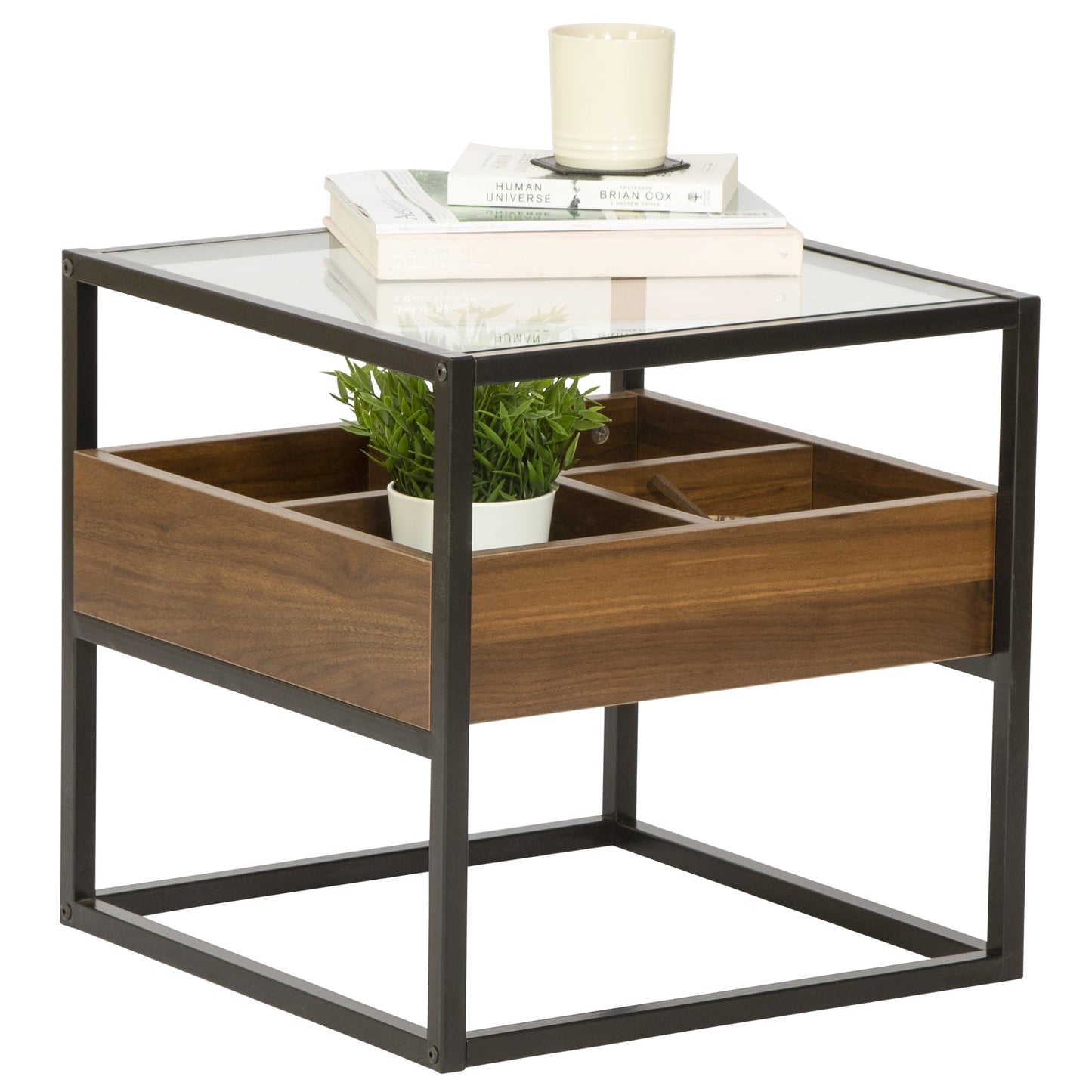 Glass Topped End Table with Wooden Storage Shelf-5056536100603-Bargainia.com