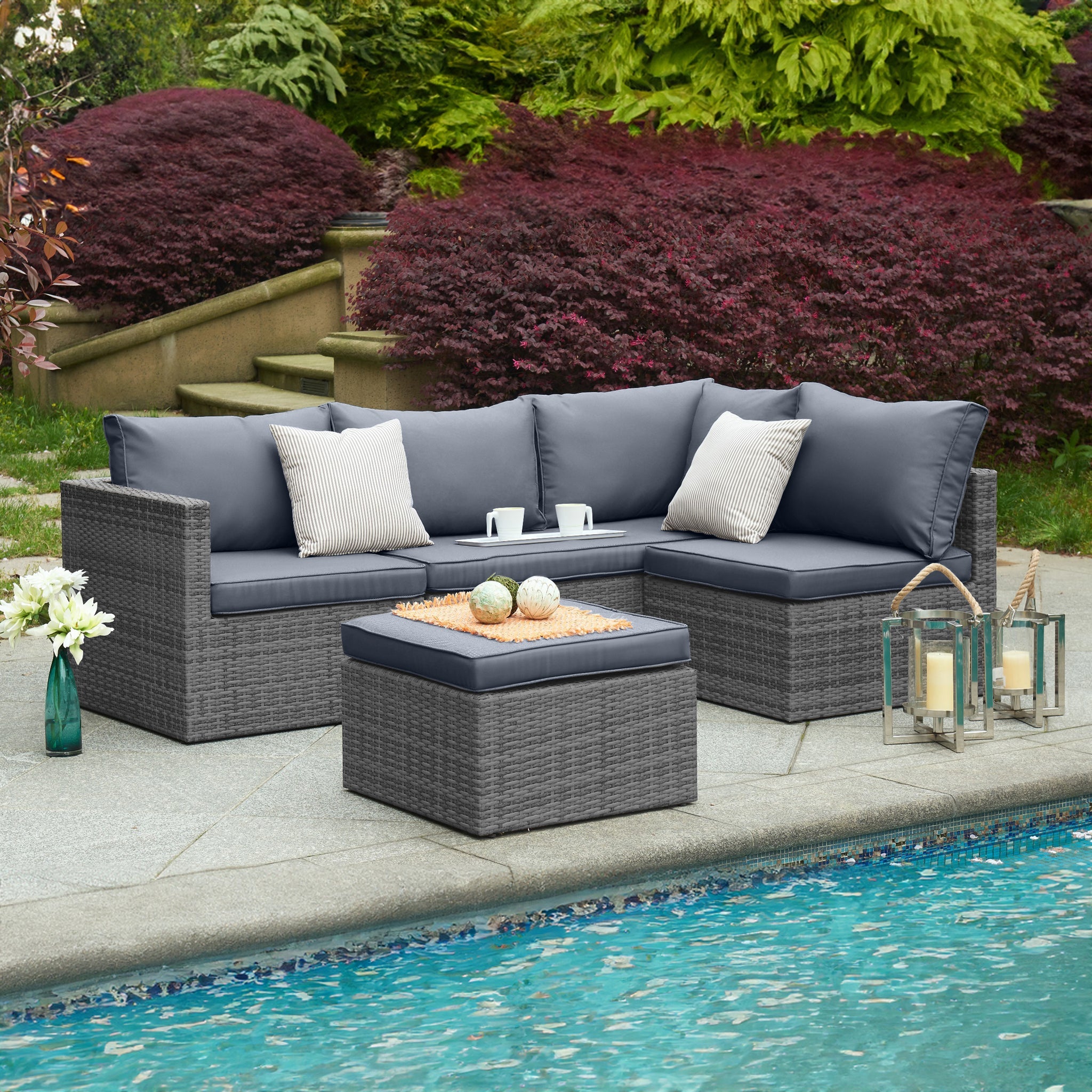 6 Seater Rattan Corner Sofa & Footstool Garden Furniture Set-5056536100252-Bargainia.com