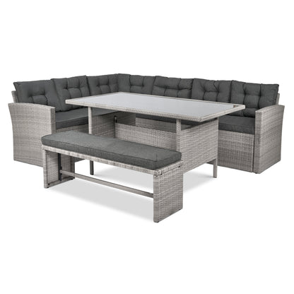 Elba 8 Seater Rattan Corner Garden Sofa, Bench & Dining Table Set With Rain Cover