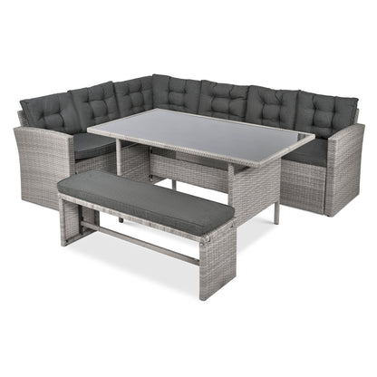 Elba 8 Seater Rattan Corner Garden Sofa, Bench & Dining Table Set With Rain Cover