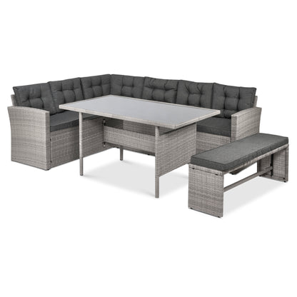 Elba 8 Seater Rattan Corner Garden Sofa, Bench & Dining Table Set With Rain Cover