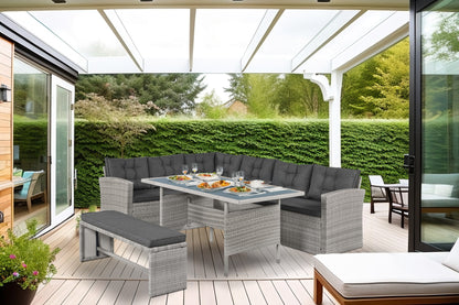 Elba 8 Seater Rattan Corner Garden Sofa, Bench & Dining Table Set With Rain Cover