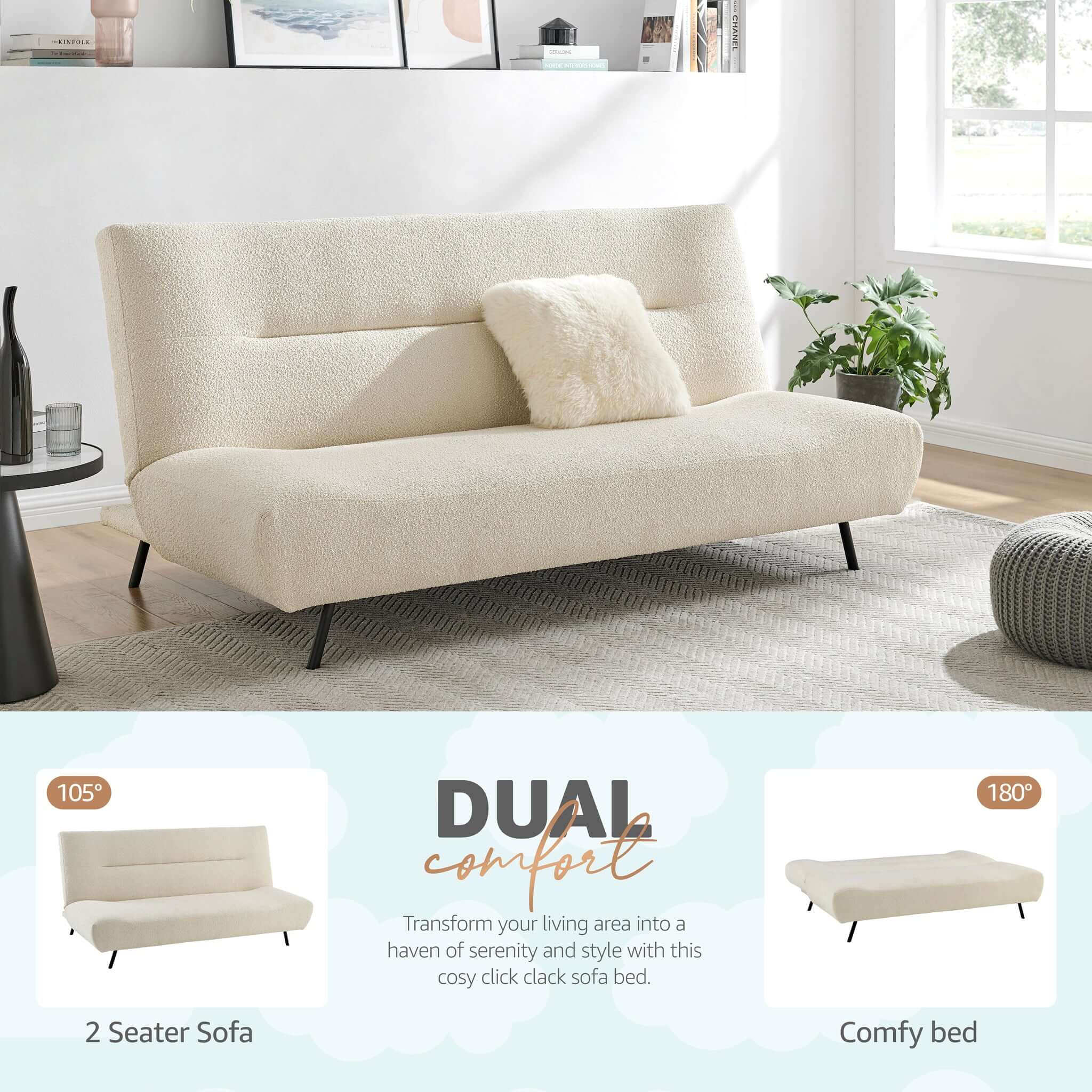 Cirrus Cream Boucle Click Clack 3 Seater Sofa Bed-5056536119384-Bargainia.com