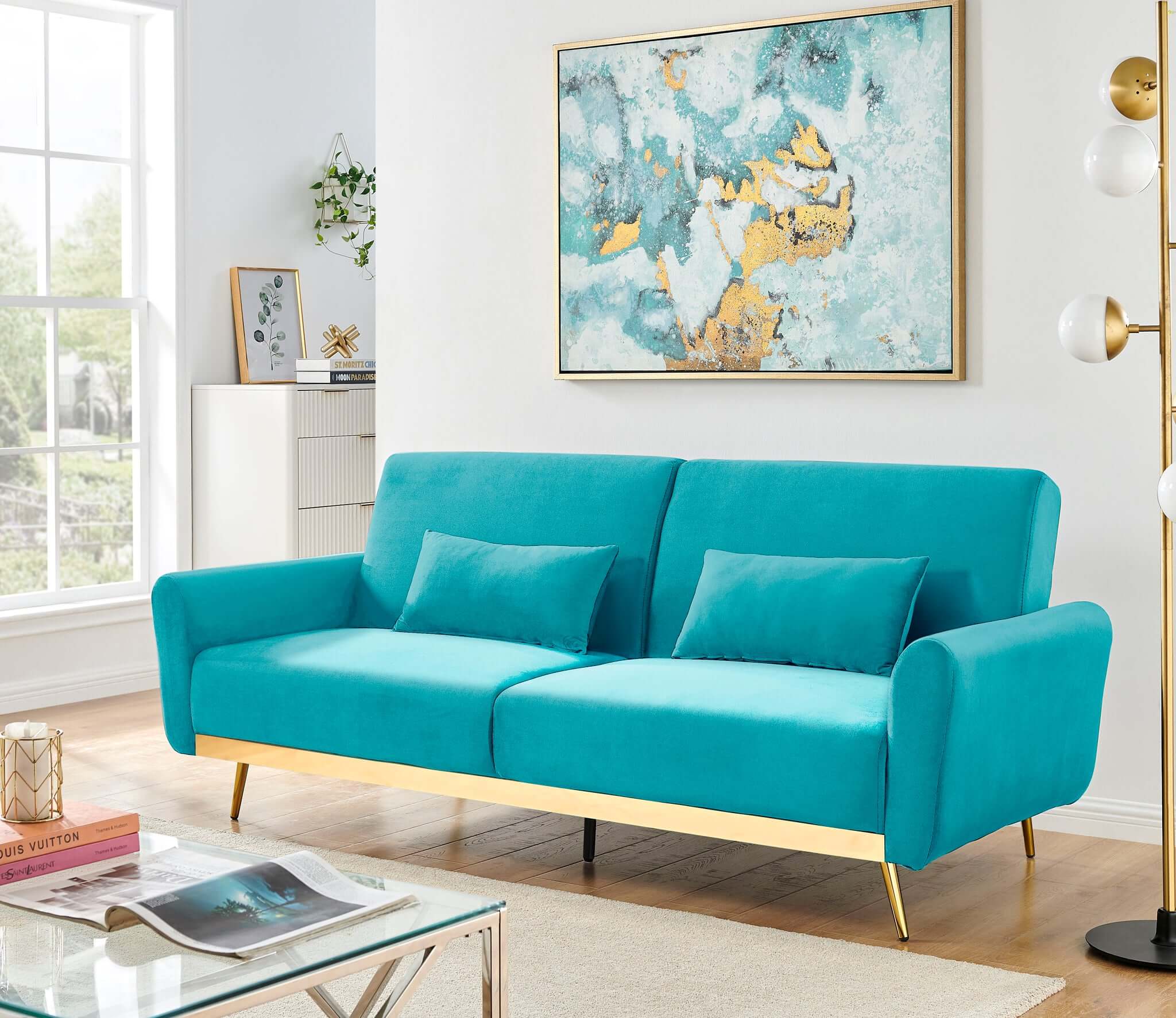 Libbie 3 Seater Blue Velvet Sofa Bed with Gold Detail