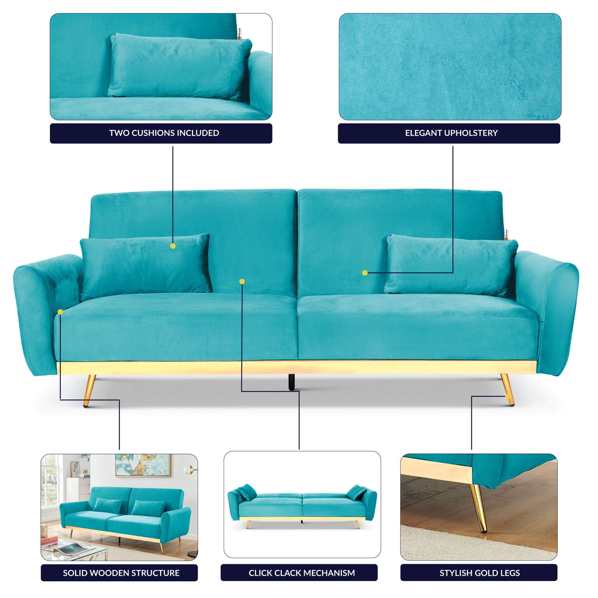 Libbie 3 Seater Blue Velvet Sofa Bed with Gold Detail