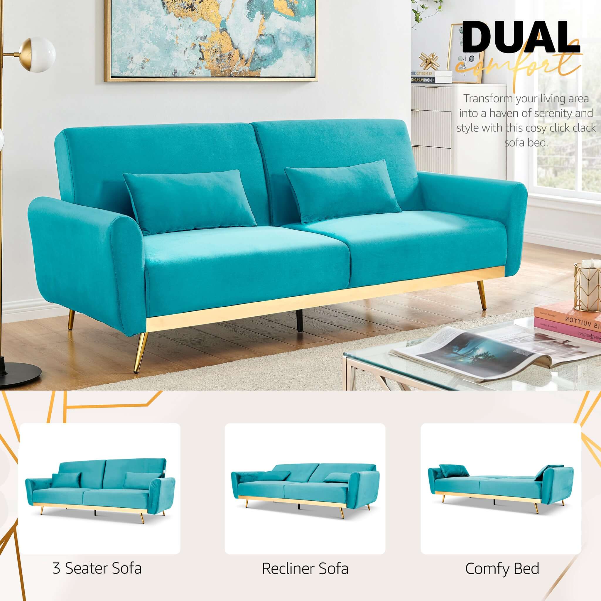 Libbie 3 Seater Blue Velvet Sofa Bed with Gold Detail