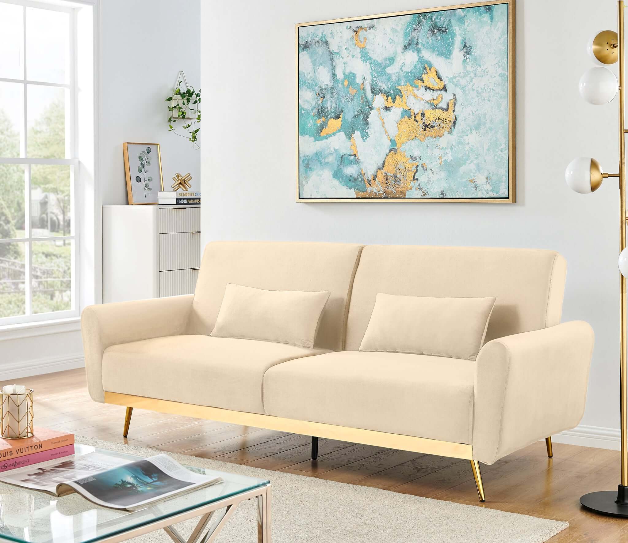 Libbie 3 Seater Cream Velvet Sofa Bed with Gold Detail