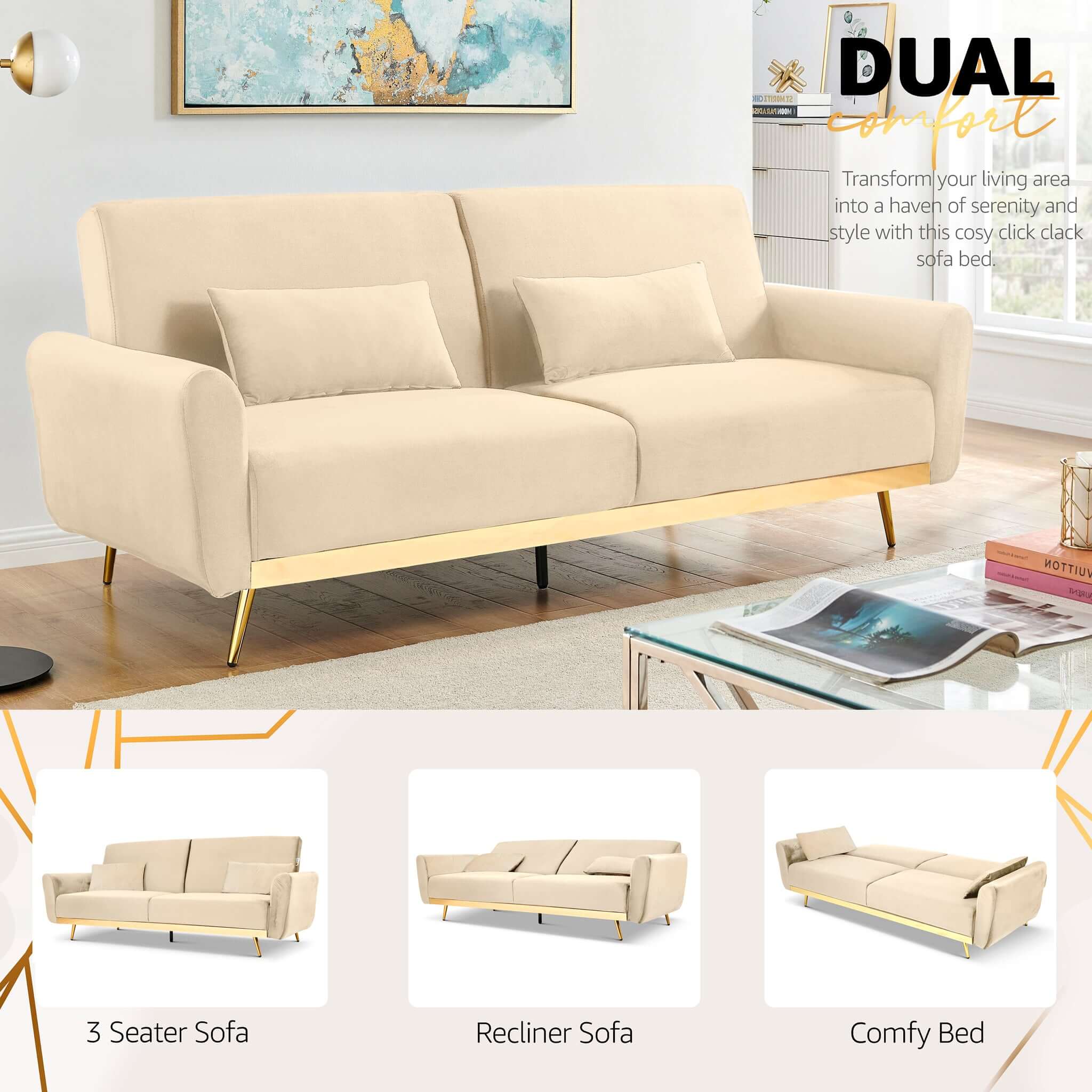 Libbie 3 Seater Cream Velvet Sofa Bed with Gold Detail