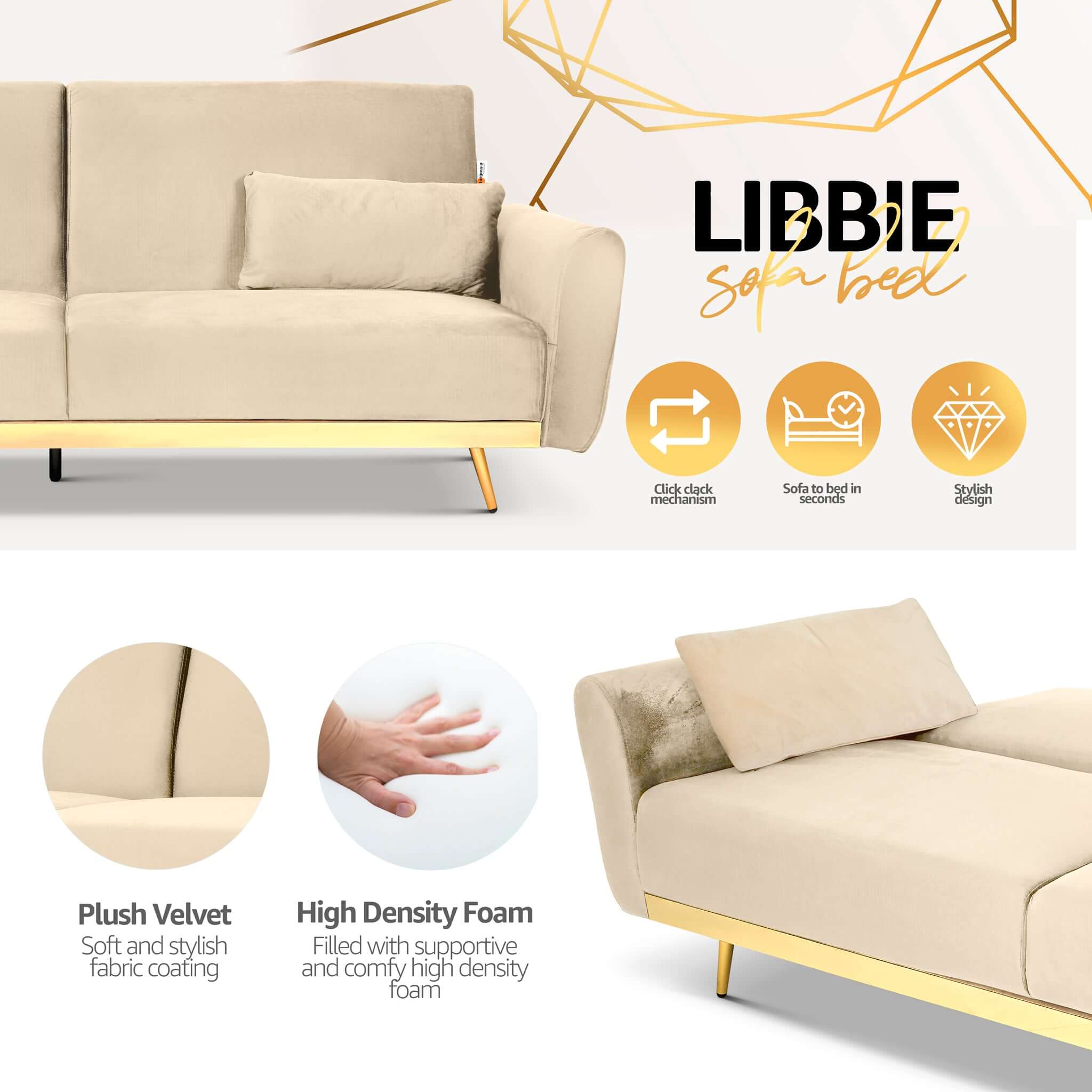 Libbie 3 Seater Cream Velvet Sofa Bed with Gold Detail