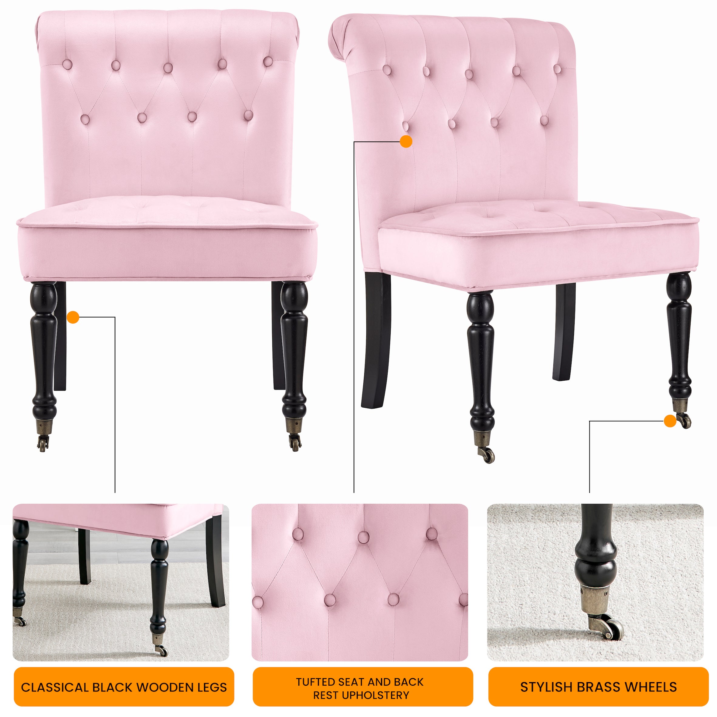 Winston Velvet Dining Chair With Wheels - Powder Pink-5056536103949-Bargainia.com