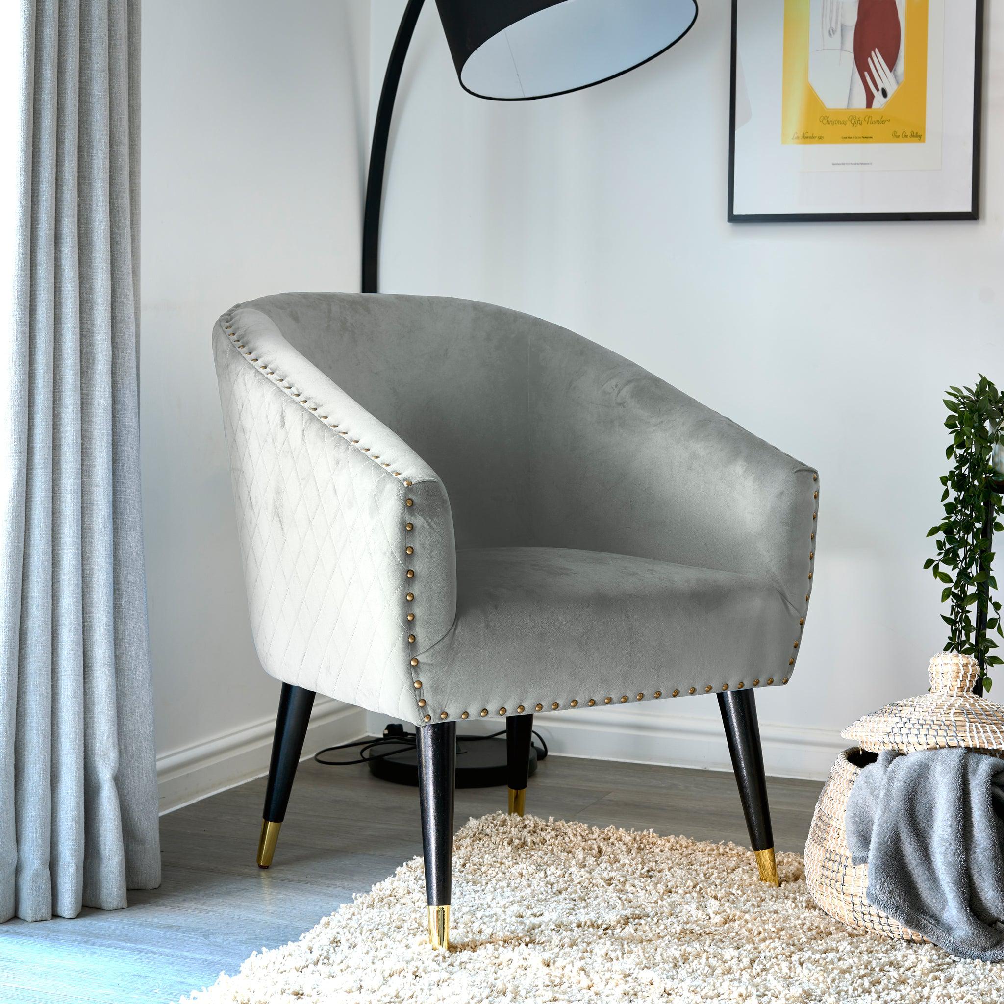 Revo Velvet Nailhead Trim Tub Armchair - Light Grey-Bargainia.com