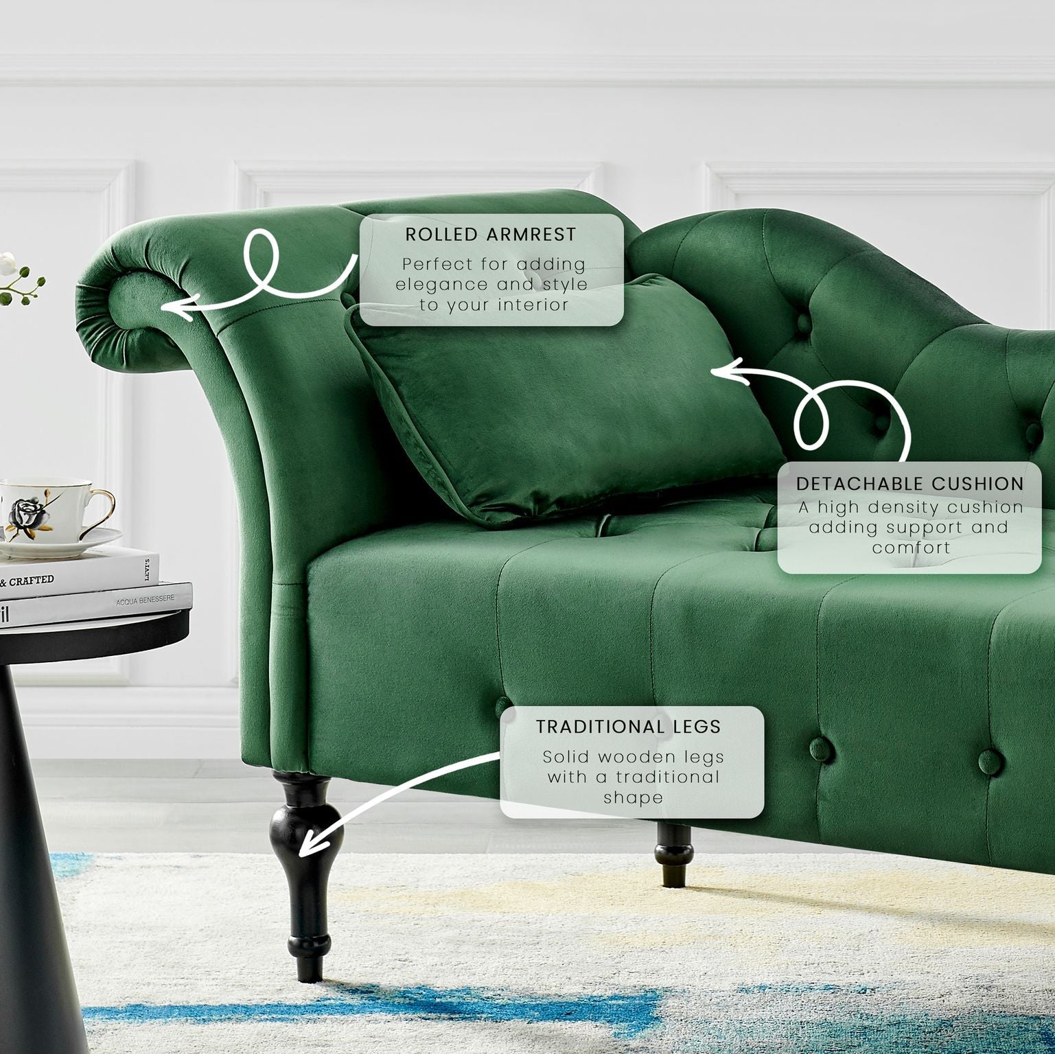 Chaise Velvet Lounge Sofa with Wooden Legs - Green-5056536103161-Bargainia.com