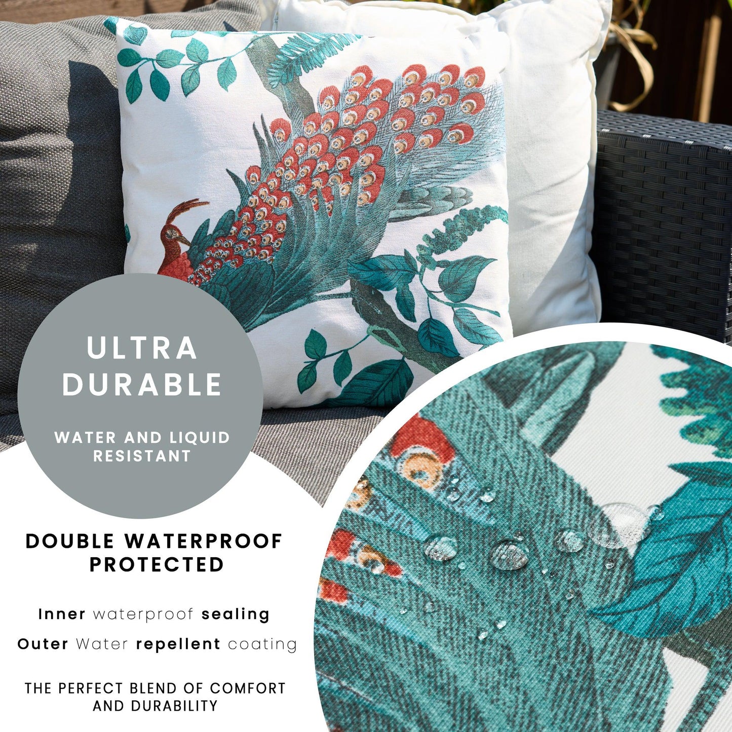 Peacock Outdoor Garden Cushion - 42 x 42cm-8713229053642-Bargainia.com