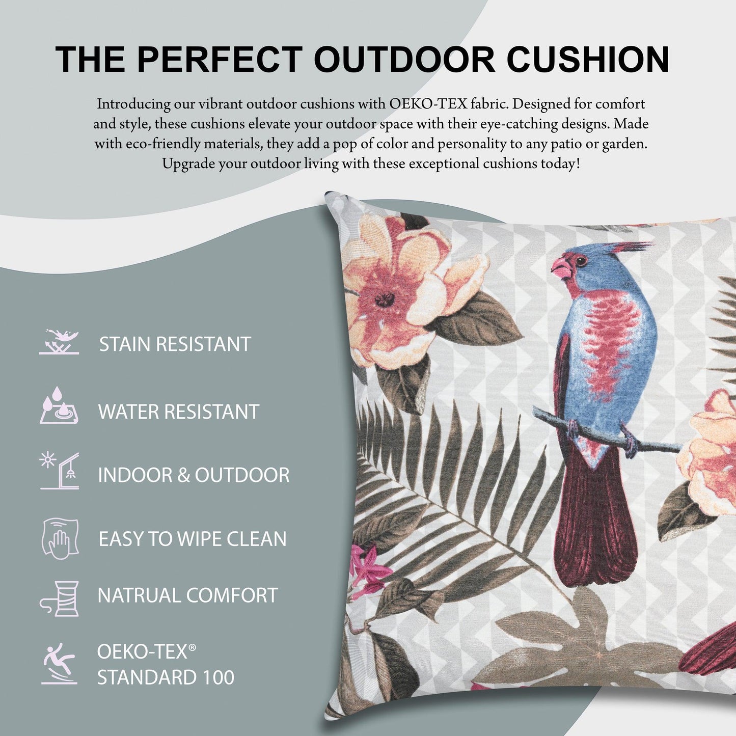 Blue Tropical Birds Outdoor Garden Cushion - 42 x 42cm-8713229053659-Bargainia.com