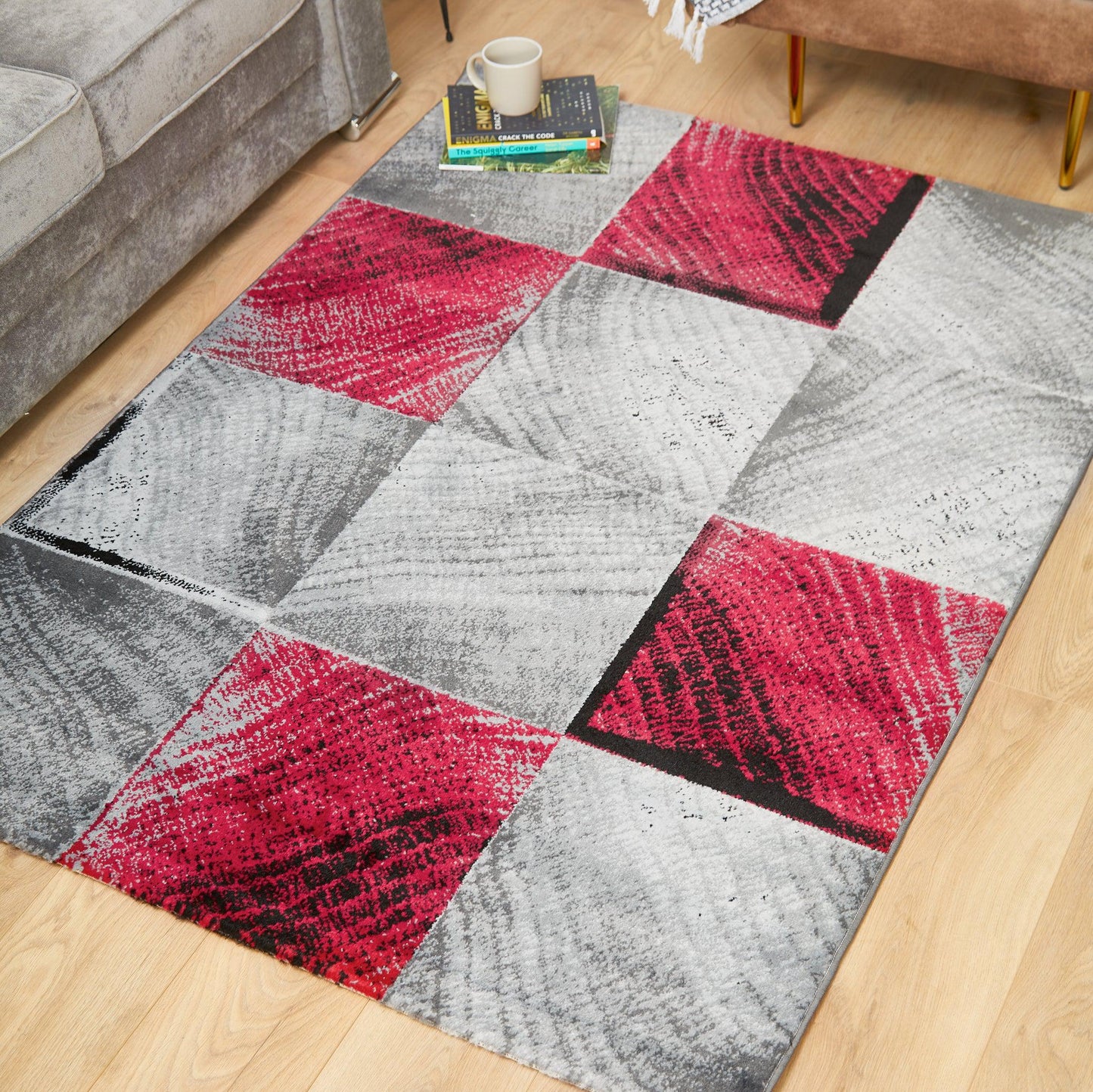 Grey & Red Modern Checked Motif Rug - Plus-Bargainia.com