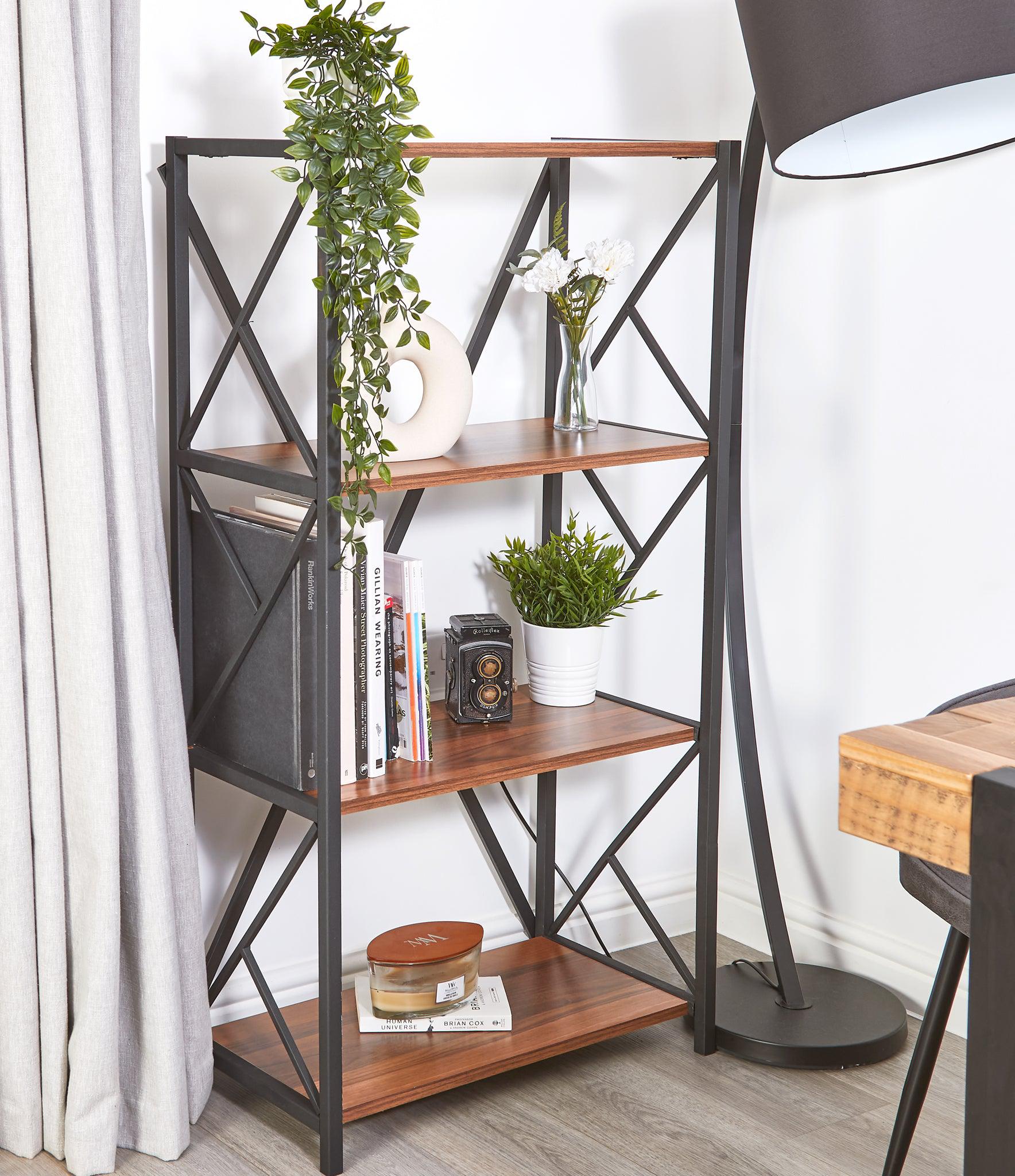 4 Tier Industrial Style Display Unit Book Shelf - Walnut-5056536101600-Bargainia.com