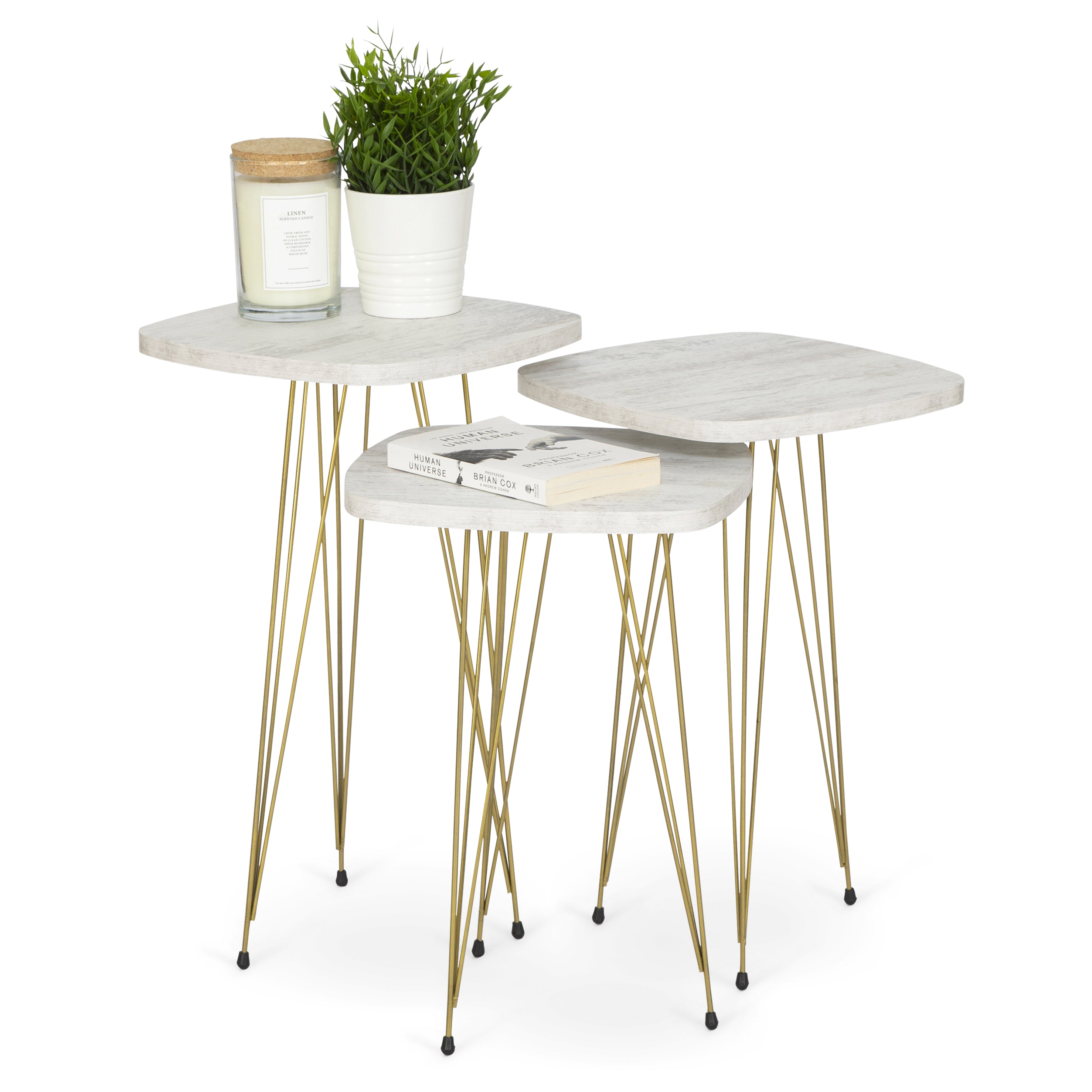 Crystal Set of 3 Square Side Tables - White Marble & Gold-5056536101242-Bargainia.com