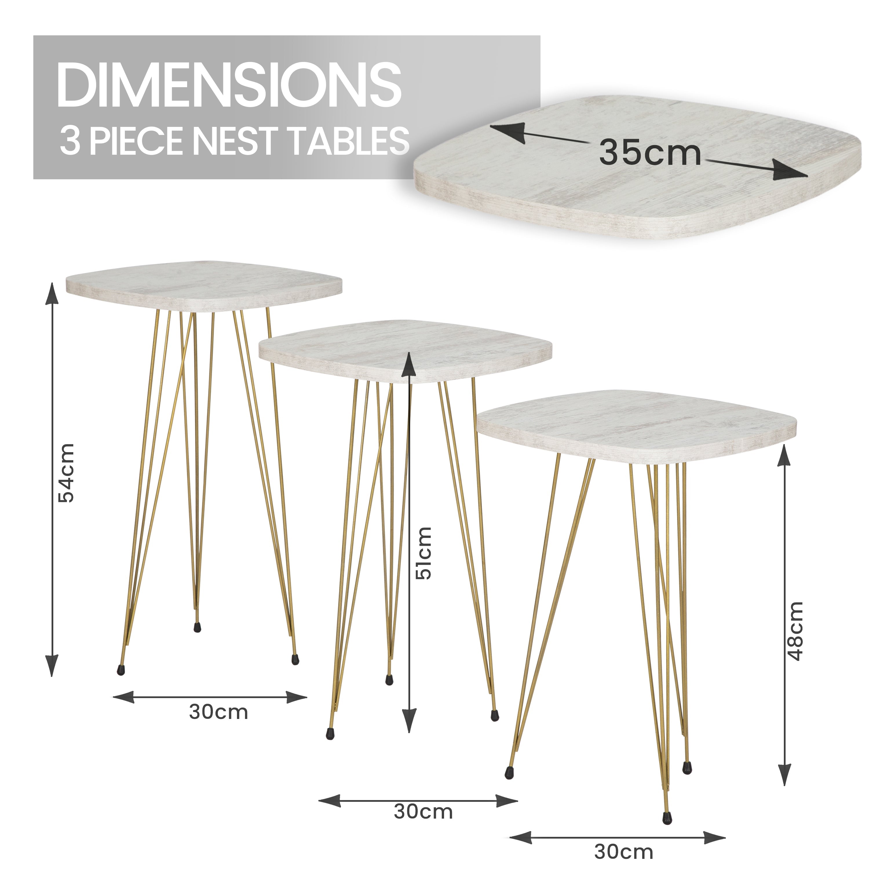 Crystal Set of 3 Square Side Tables - White Marble & Gold-5056536101242-Bargainia.com