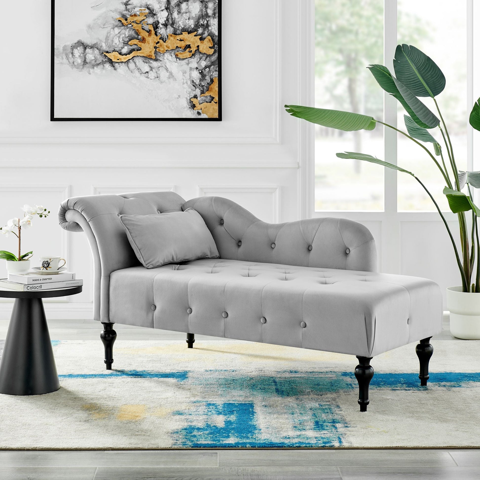 Chaise Velvet Lounge Sofa with Wooden Legs - Light Grey-5056536103178-Bargainia.com