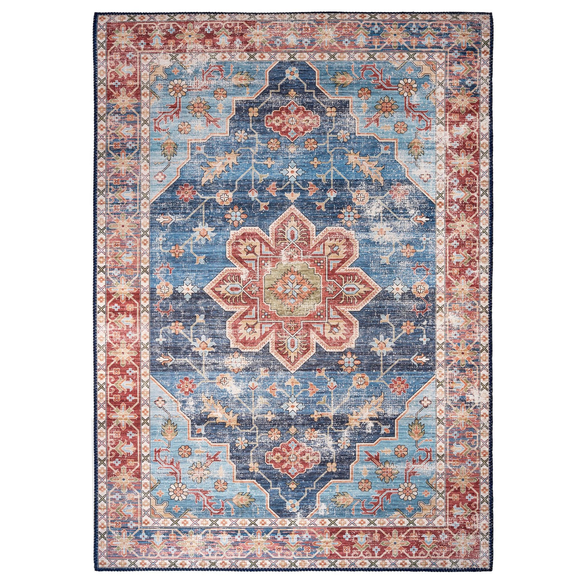 Kashmar Rust Blue Floral Medallion Rug-Bargainia.com