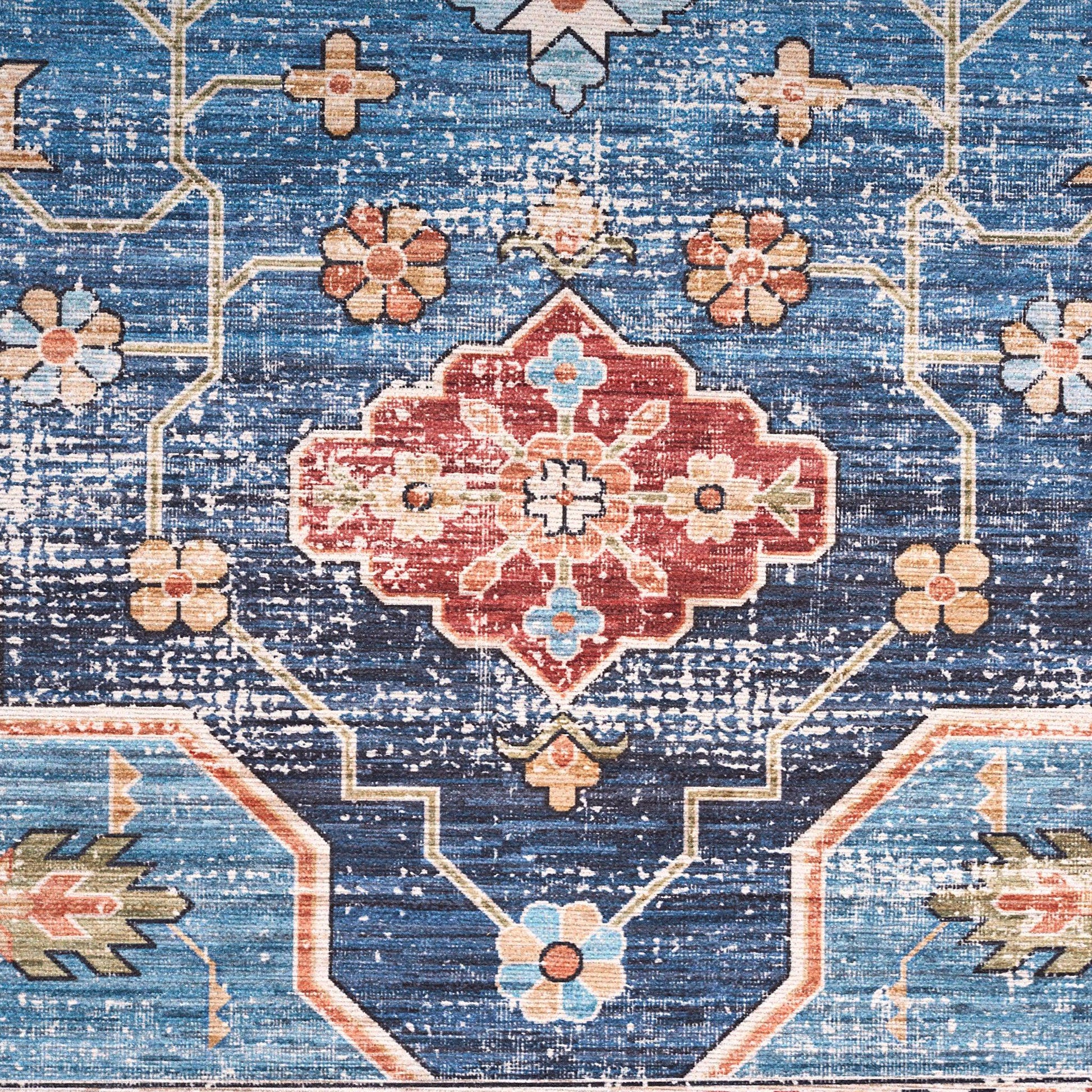 Kashmar Rust Blue Floral Medallion Rug-Bargainia.com