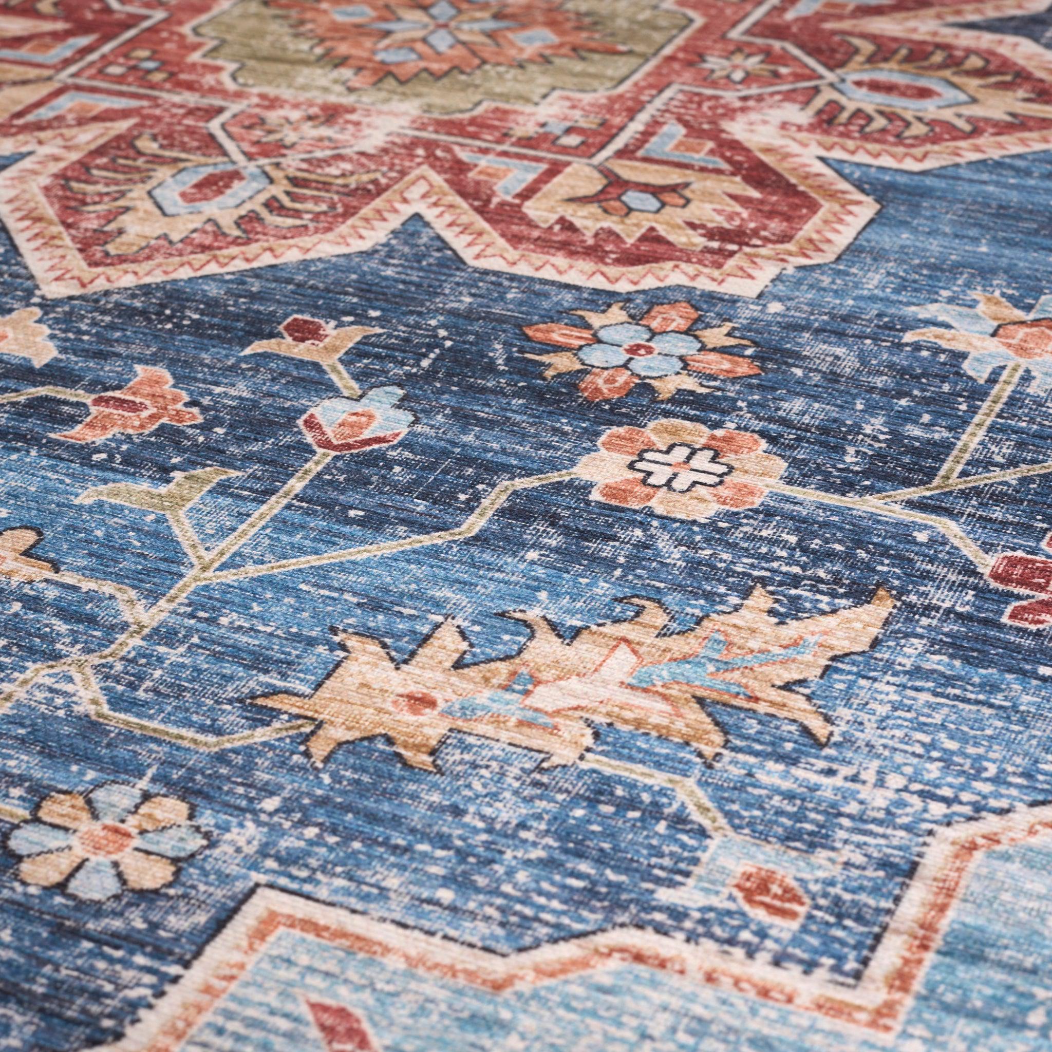 Kashmar Rust Blue Floral Medallion Rug-Bargainia.com