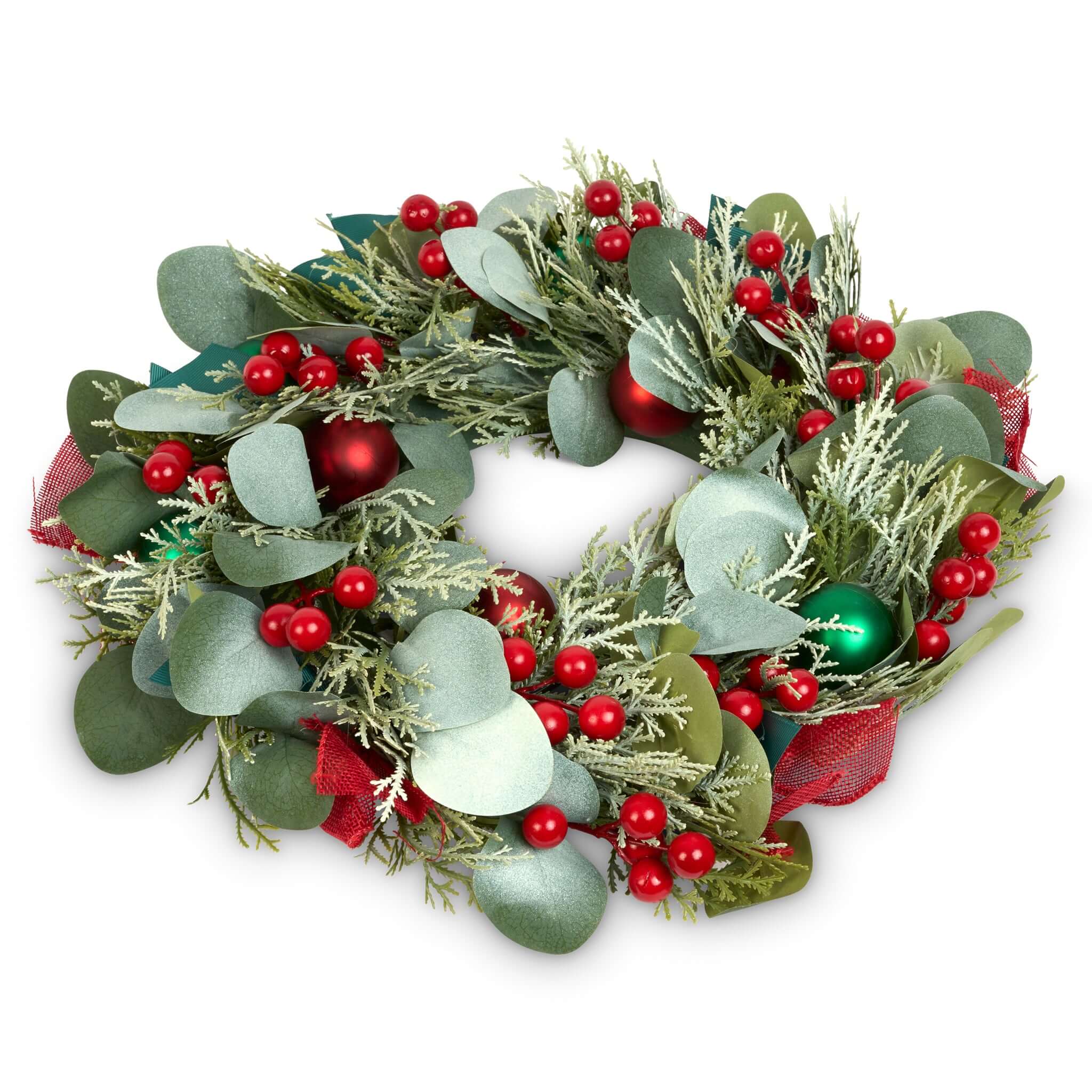 Artificial Christmas Wreath Eucalyptus Red Berries & Baubles 30cm