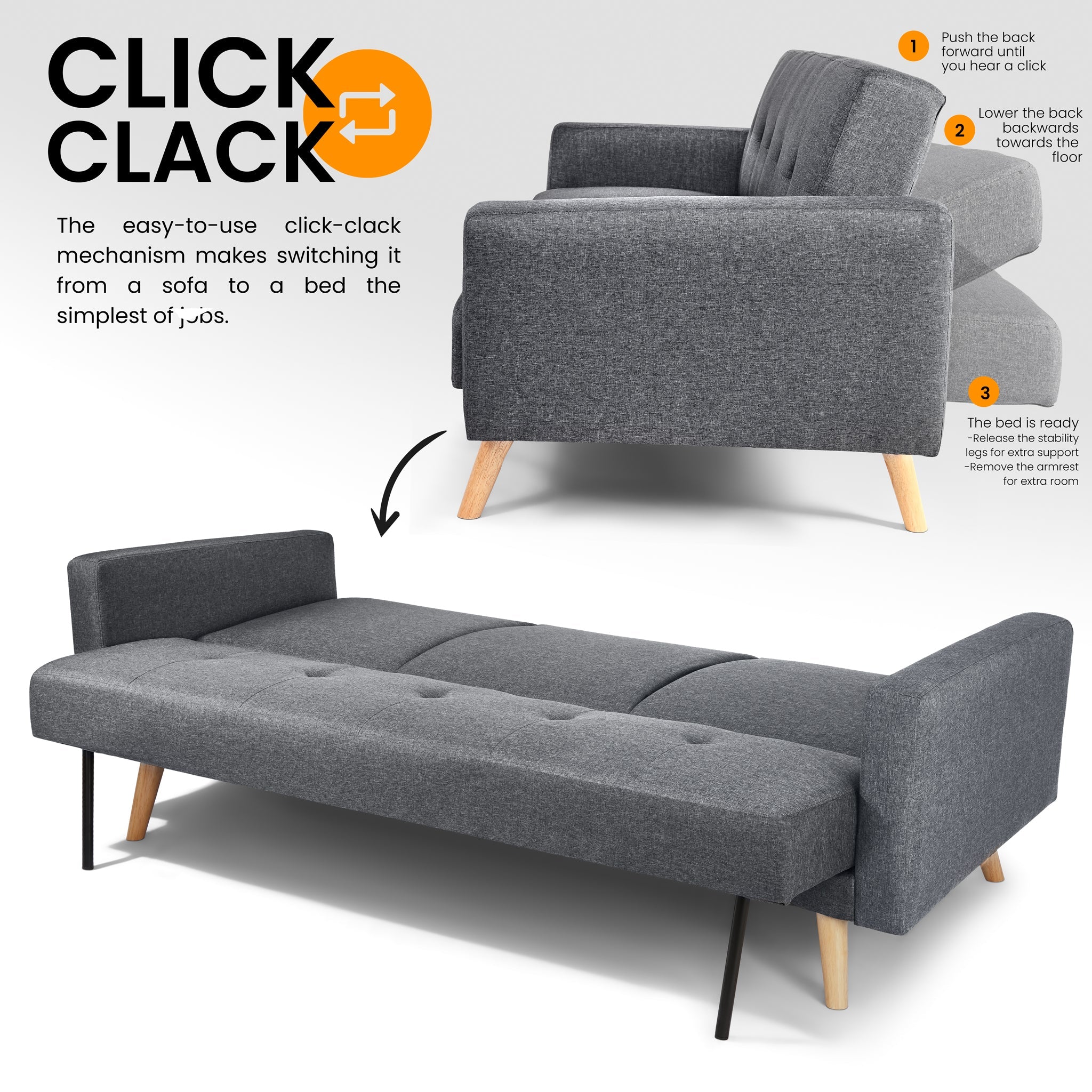 Narvik Click Clack 3 Seater Sofa Bed - Grey-5056150202752-Bargainia.com