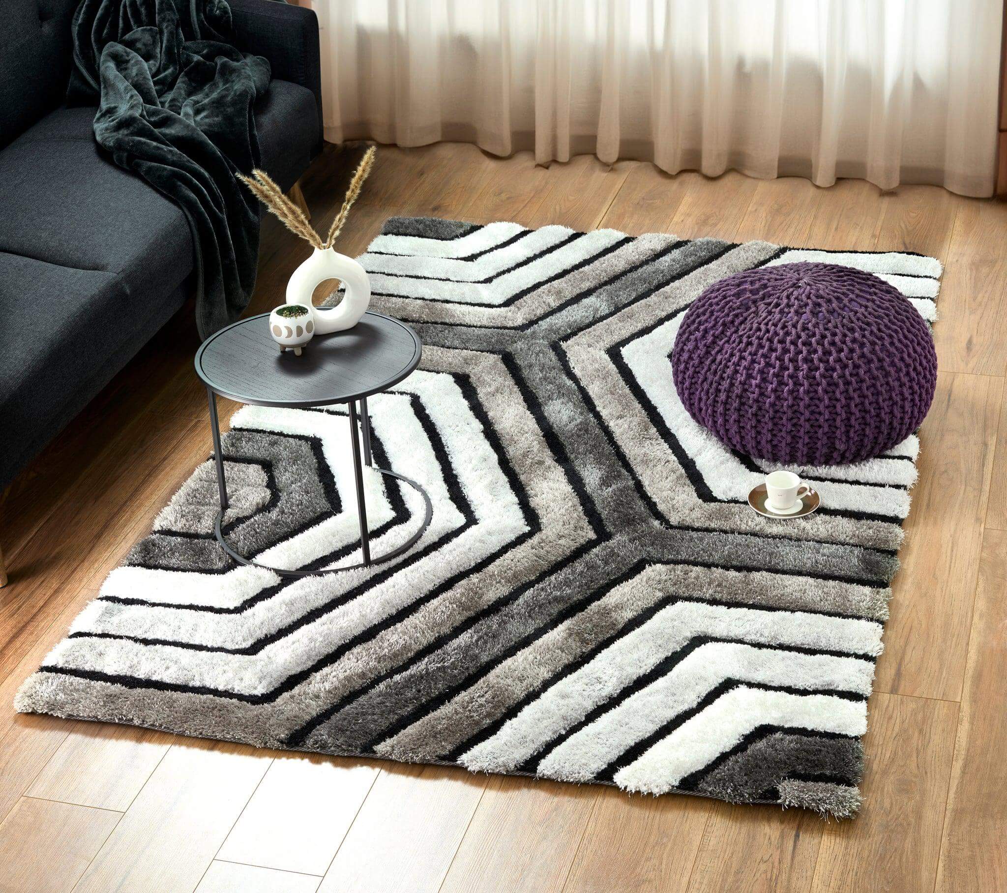 Neutral 3D Geometric Shaggy Rug - California-Bargainia.com