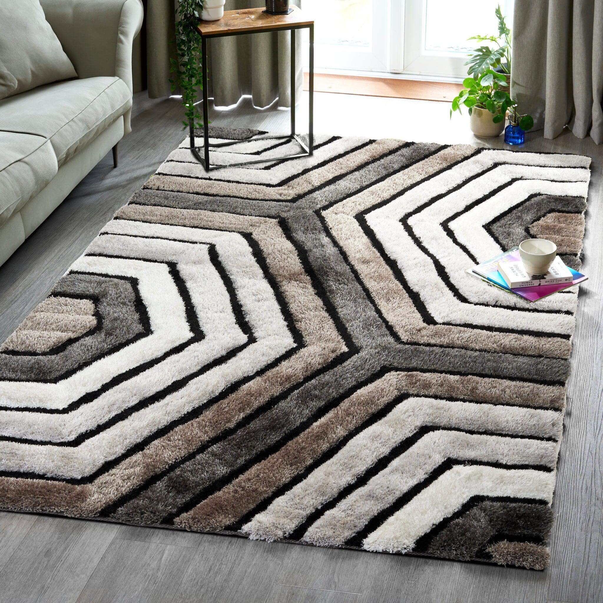 Neutral 3D Geometric Shaggy Rug - California-Bargainia.com