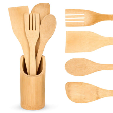 4Pcs Bamboo Essentials Kitchen Cooking Utensils With Utensils Holder-5056536103543-Bargainia.com