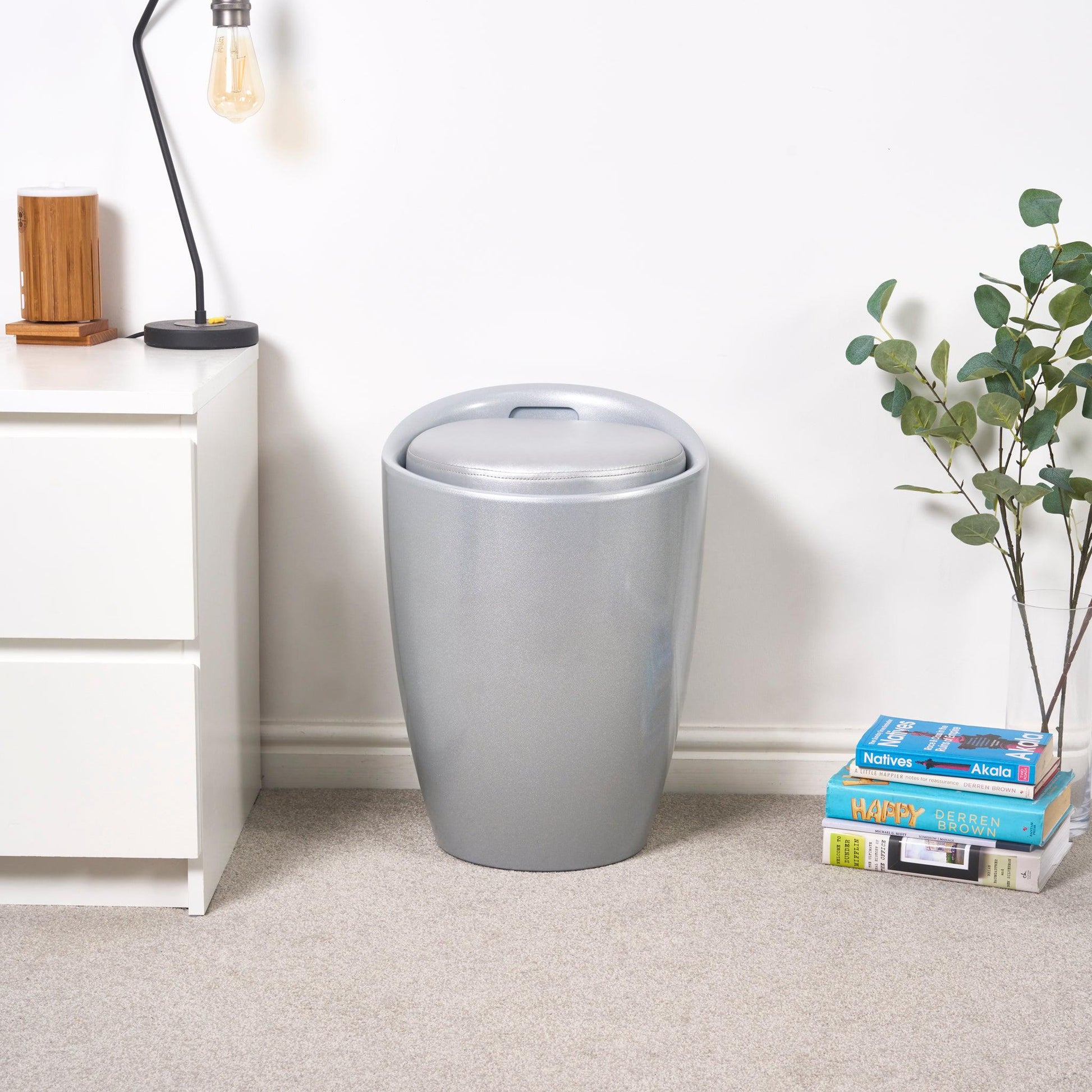 Storage Ottoman Stool With Faux Leather Seat - Grey-5056150223993-Bargainia.com