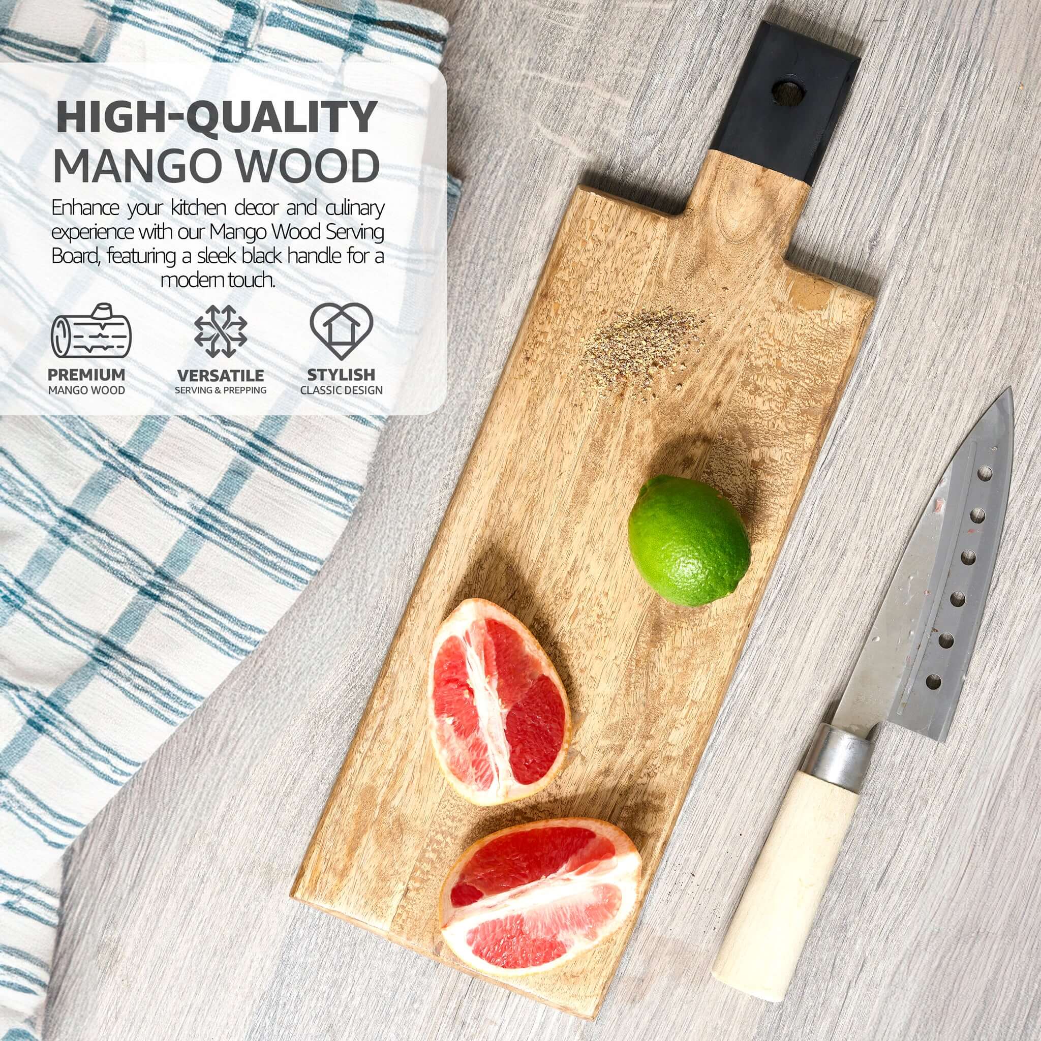 Mango Wood Serving Cutting Board With Black Handle Assorted Sizes