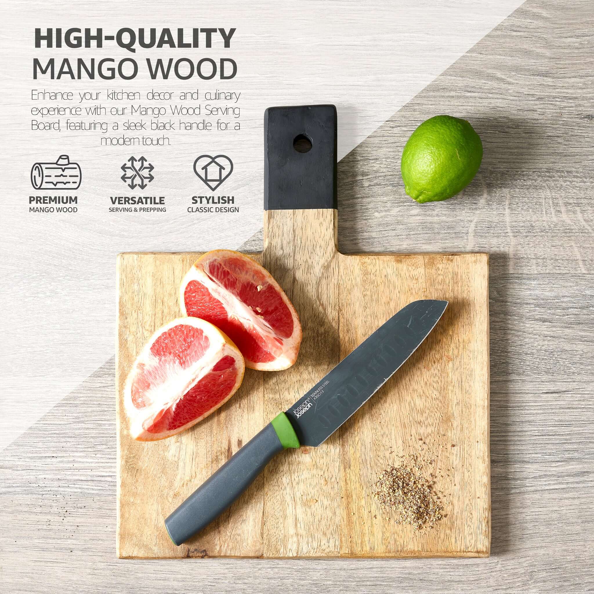 Mango Wood Serving Cutting Board With Black Handle Assorted Sizes