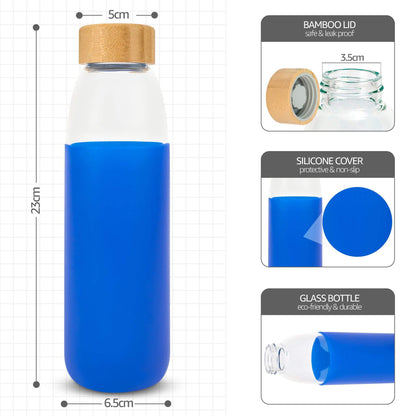 Glass Water Bottle with Bamboo Lid & Coloured Silicone Sleeve 540ml Assorted Colours-Bargainia.com