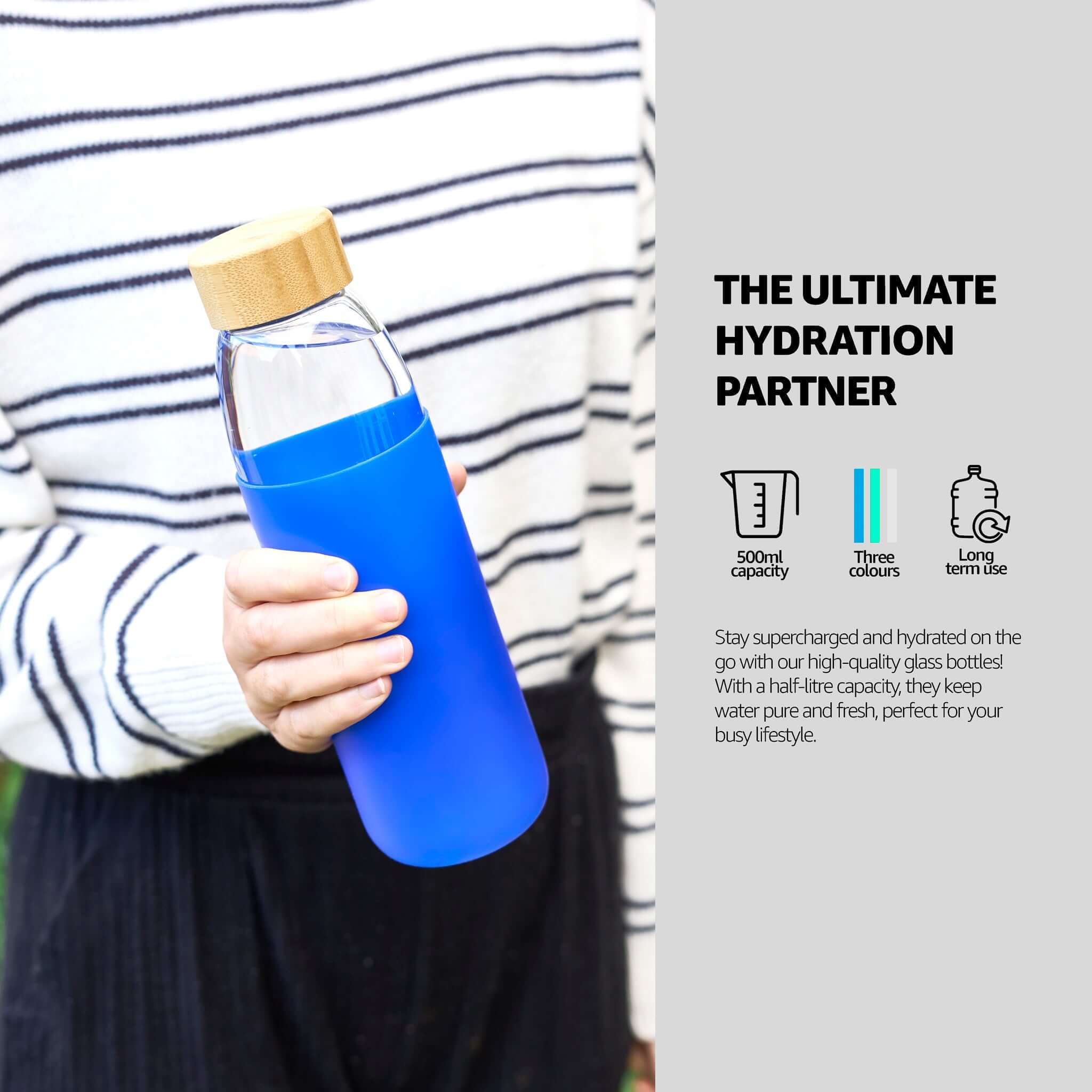 Glass Water Bottle with Bamboo Lid & Coloured Silicone Sleeve 540ml Assorted Colours-Bargainia.com